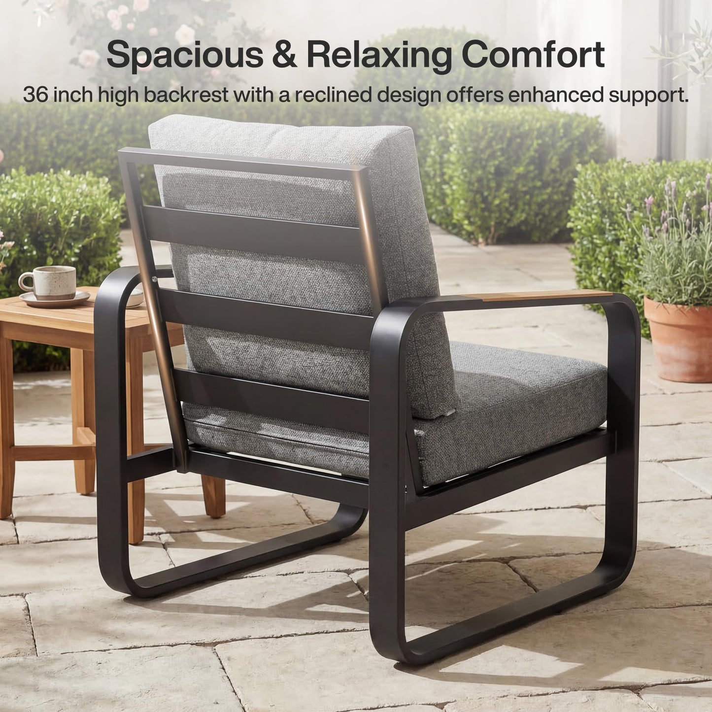 Tribesigns 3-Piece Outdoor Patio Furniture Set with 2 Armchairs & 1 Side Table, Modern Metal Patio Bistro Set with 6'' Thick Cushions, All-Weather Conversation Set for Balcony, Porch, Gray