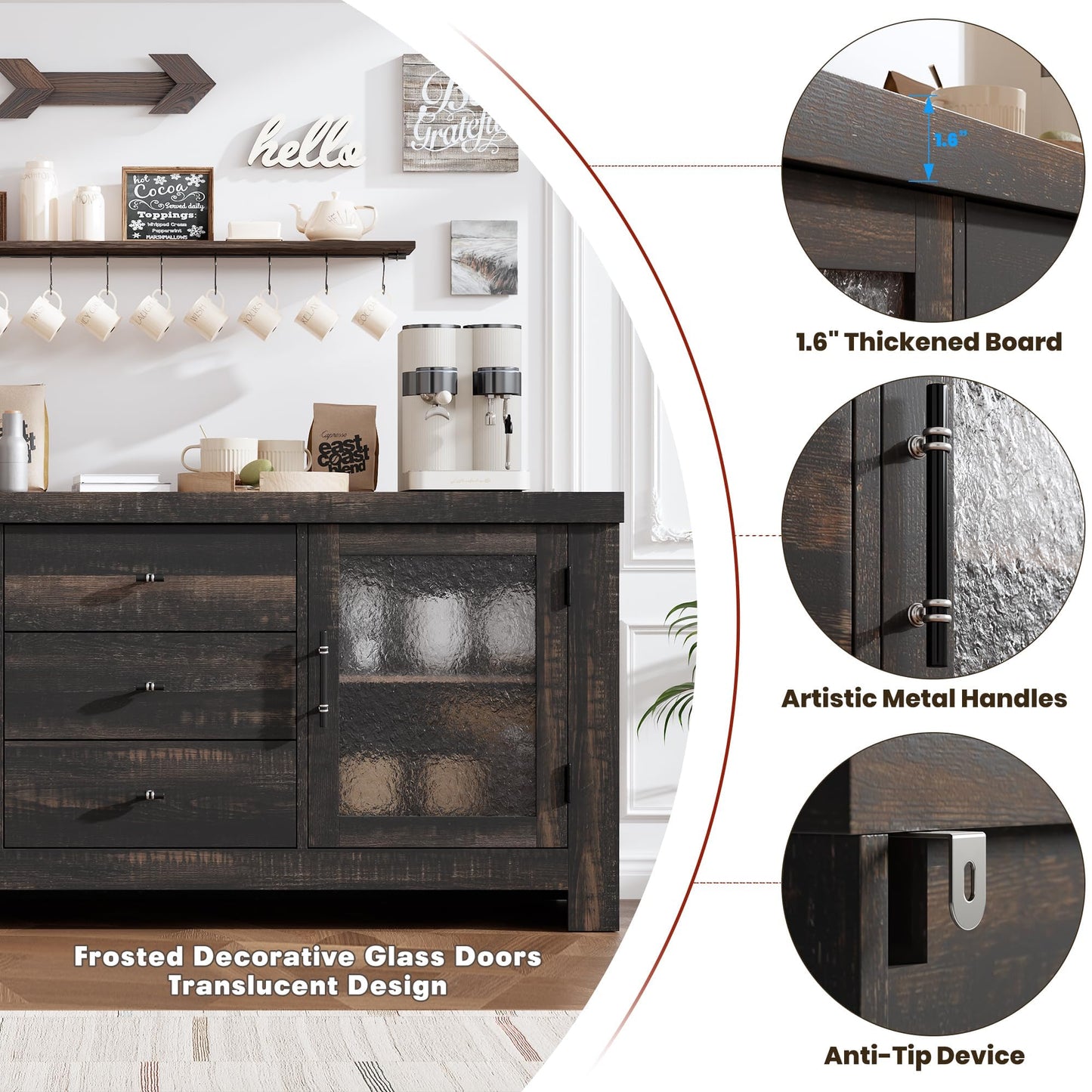 MilleLoom 54.4" Kitchen Buffet Sideboard Cabinet with 2 Glass Doors & 3 Drawers, Accent Storage Cabinet & Coffee Bar Table for Living Room Dining Room