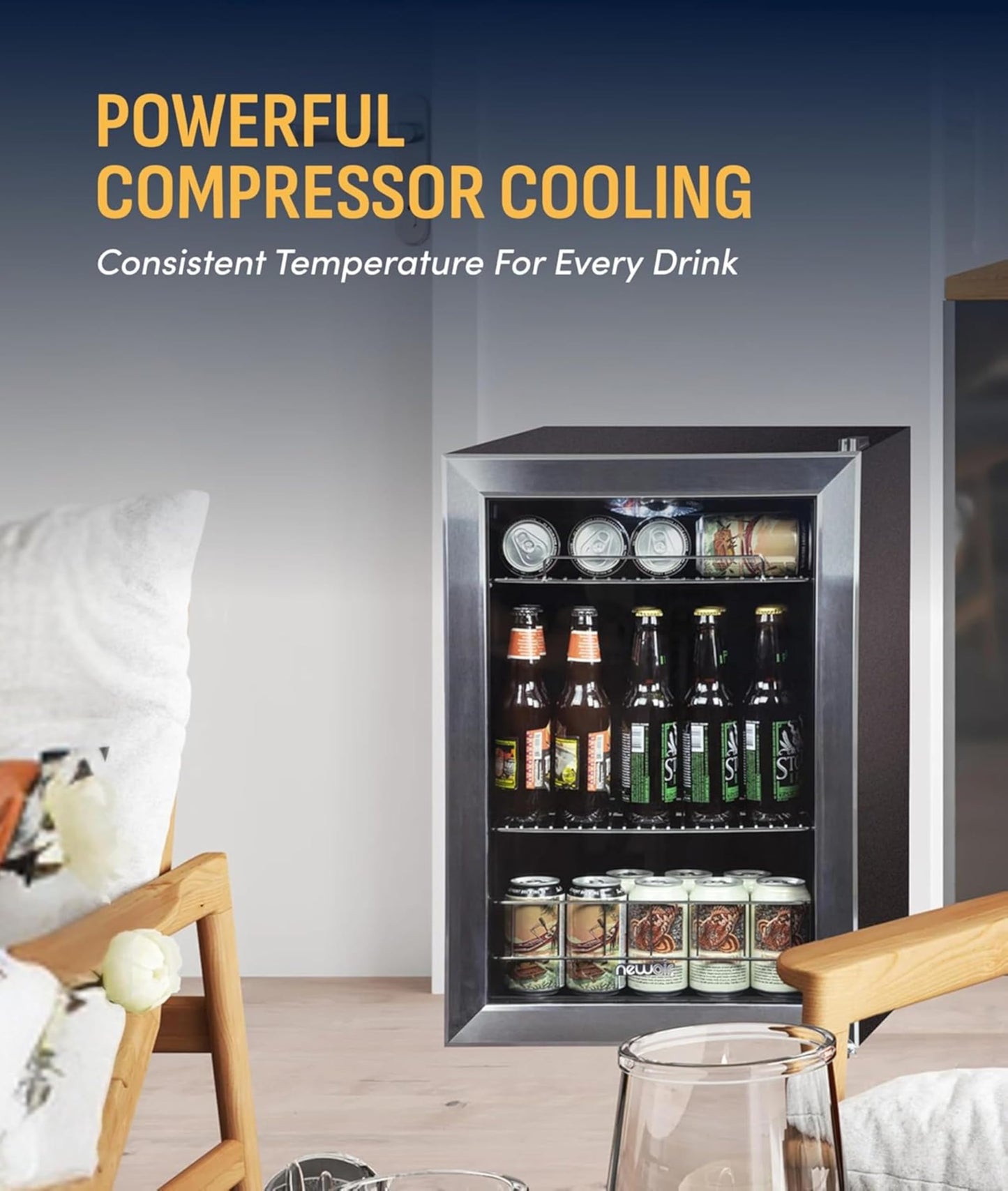 NewAir 90 Can Beverage Refrigerator | 17” Freestanding Small Mini Fridge for Bedroom, Home Bar or Office | Quiet Compressor Cooling & Adjustable Shelves | Stainless Steel
