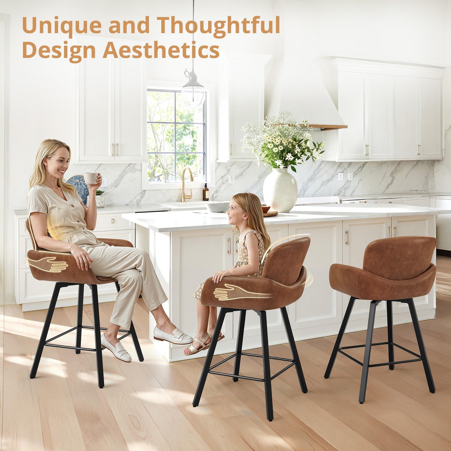 LUE BONA 26" Swivel Bar Stools Set of 4, Counter Height Bar Stools with Backrest and Arms, Modern Upholstered Barstools with Metal Legs for Kitchen Island, Brown