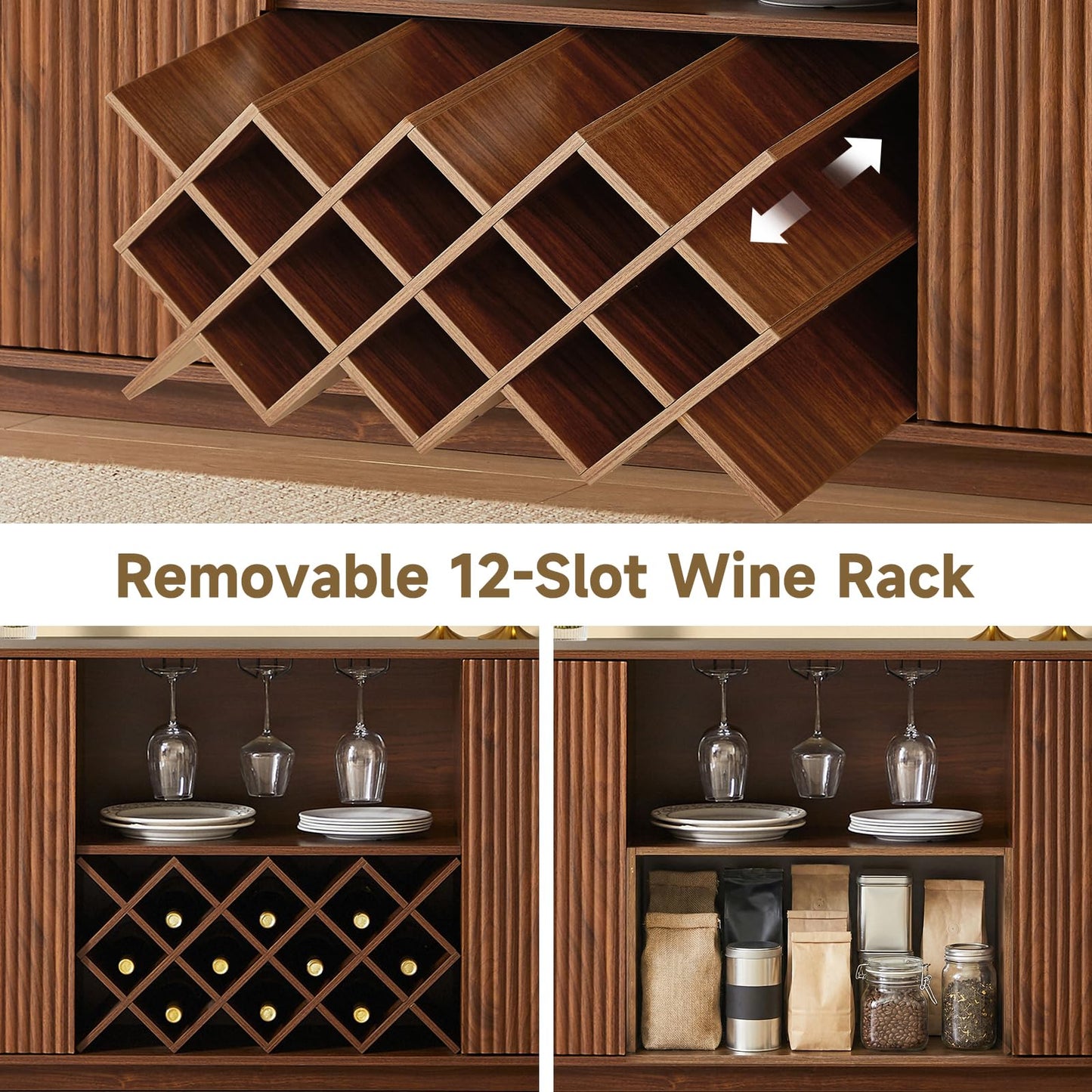 Rovibek Fluted Wine Bar Cabinet with Storage, 58" Buffet Sideboard Cabinet Sideboard with Wine Rack & Glass Holder, Farmhouse Wine and Coffee Bar Cabinet for Living Room, Kitchen, Walnut