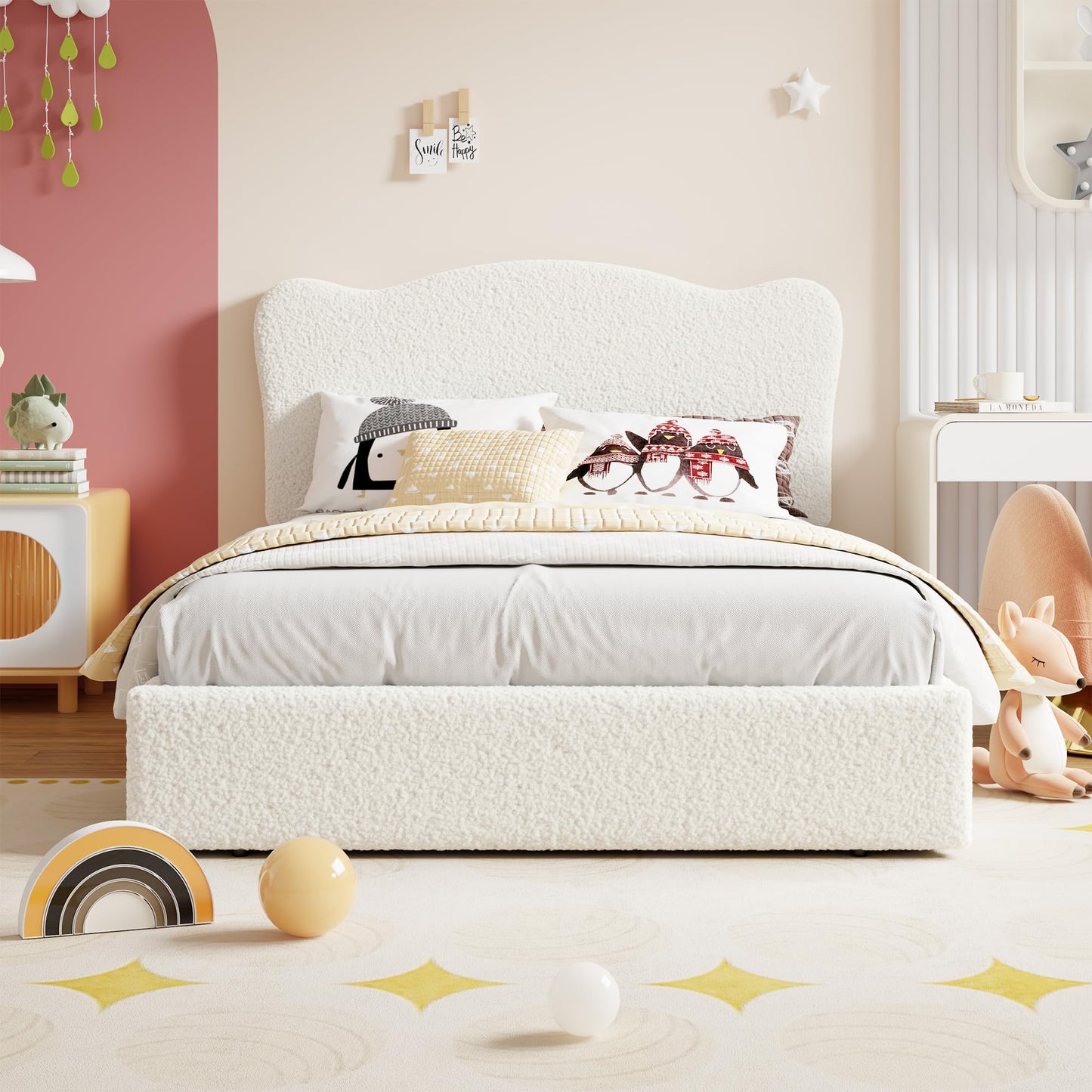 Garvee Upholstered Full Size Bed Frame for Kids with 2 Drawers, Velvet Twin Bed for Girls, Boys, Sturdy Platform Bed, No Box Spring Needed, Noise Free, Beige