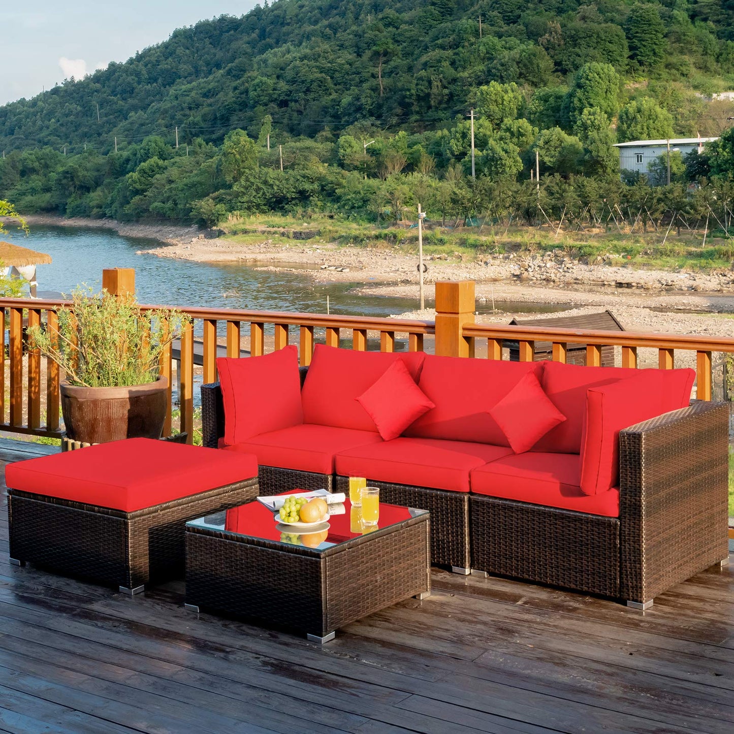 Tangkula 5 Pieces Patio Rattan Furniture Set, Outdoor Sectional Rattan Sofa Set with Back & Seat Cushions, Wicker Conversation Set with Tempered Glass Table for Backyard Porch Poolside (Red)