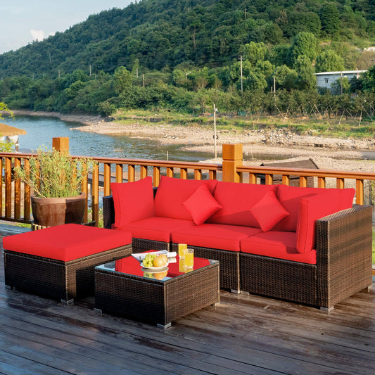 Tangkula 5 Pieces Patio Rattan Furniture Set, Outdoor Sectional Rattan Sofa Set with Back & Seat Cushions, Wicker Conversation Set with Tempered Glass Table for Backyard Porch Poolside (Red)