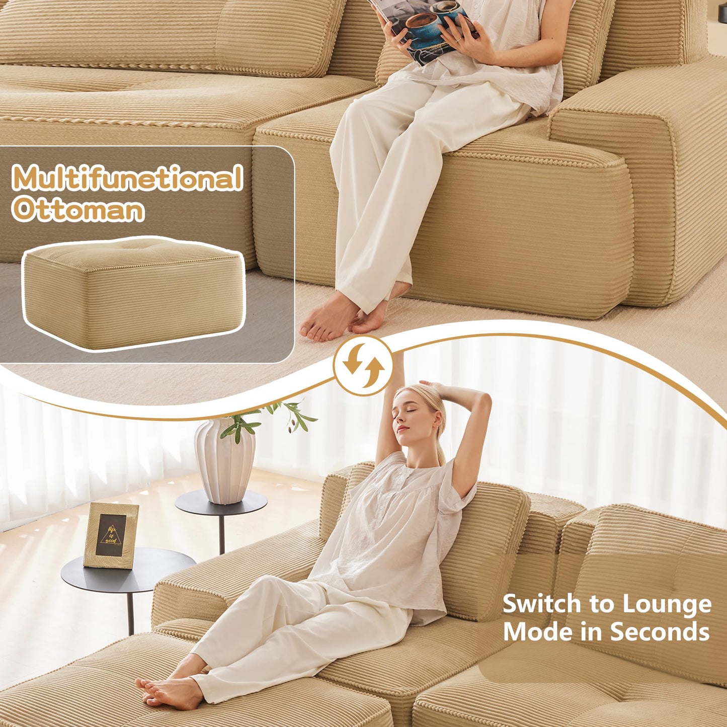 KEIKI 80" Oversized Corduroy Modular Sectional Loveseat Sofa with High-Density Foam Cushion & 2 Pillow, Upholstered Anti-slip Design 2-Seater Tufted Couch, No Assembly Required, for Living Room, Camel