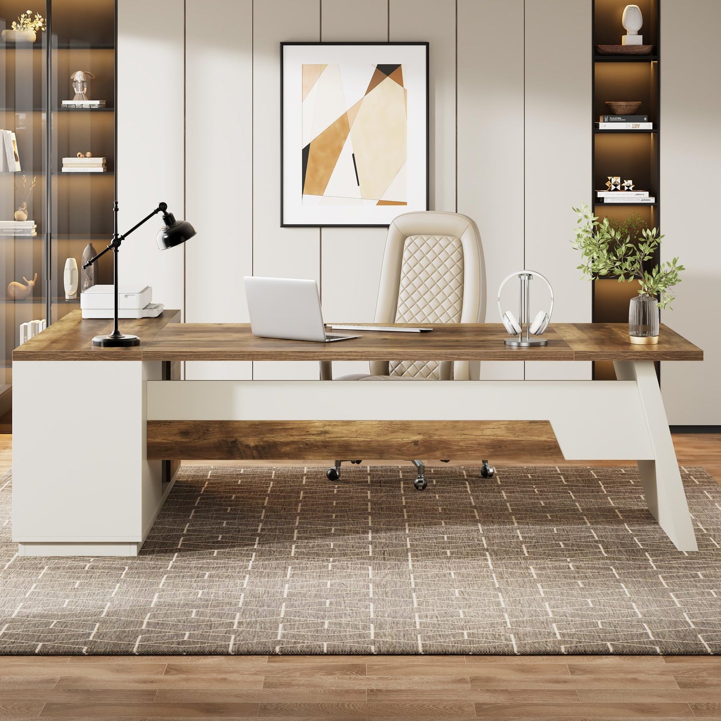 Tribesigns 78" L-Shaped Executive Desk, Large Modern Office Desk with Drawers and Lateral File Cabinet, Business Furniture with Storage Shelves, Big Computer Desk for Home Office (Brown + White)