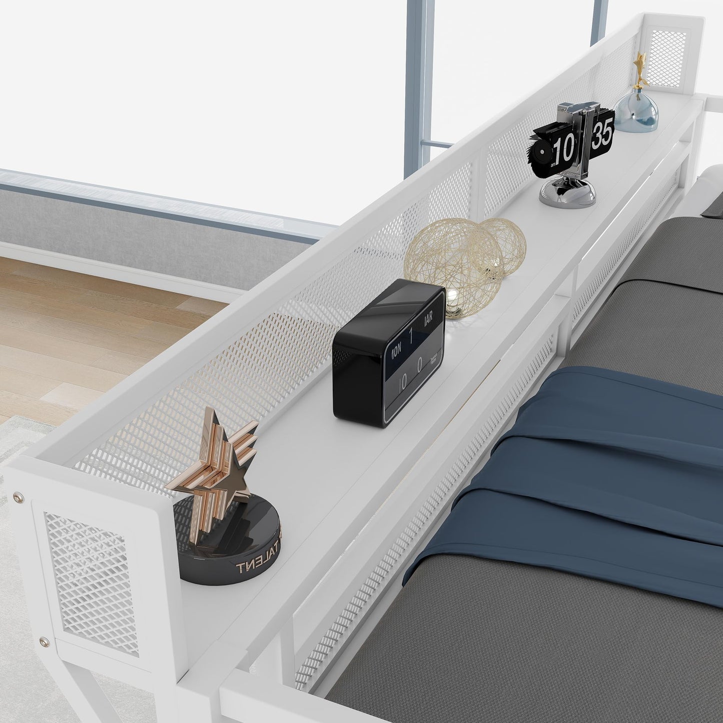 KEIKI Queen Size Metal Loft Bed Frame with Desk, Staircase, Built-in Storage Shelves and Wardrobe, Modern Loft Bed with Solid Slat, Guardrail, No Box Spring Required, Easy Assembly, for Bedroom, White