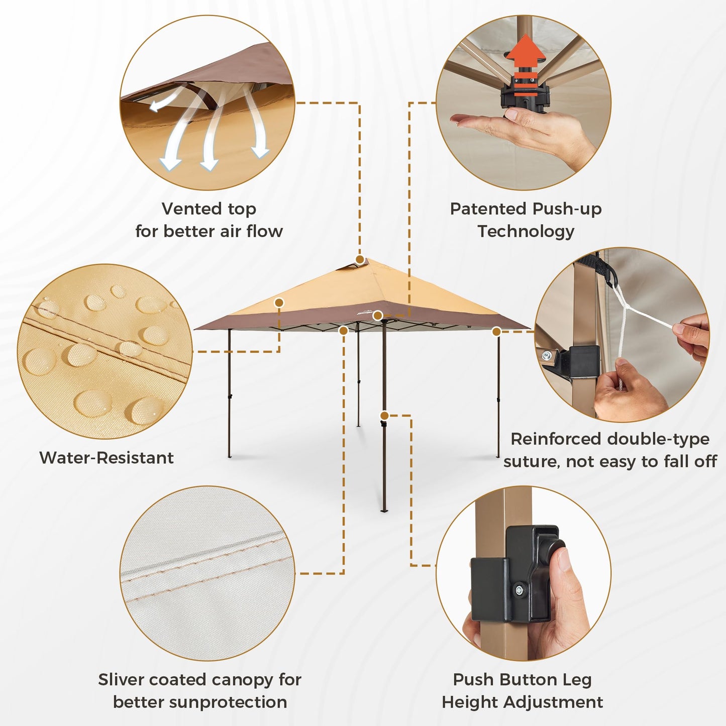 OUTDOOR LIVING SUNTIME 13x13 Instant Easy Pop Up Canopy,Portable Commercial Gazebo Camping Gazebo Tent Shelter with Wheeled Roller Carry Bag, Bonus Weight Sandbags, Stakes, Ropes -Khaki