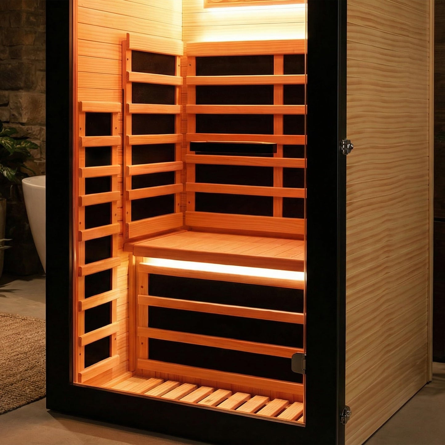 YJSPSSW Single-Person Sauna Cabin – Compact Infrared Sauna with 8 Heating Plates, Starry Sky Lighting & Colorful Light Strips – Chilean Pine Wood Design (780x780x1580mm)