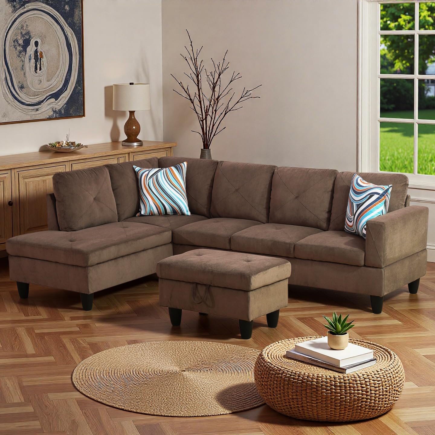 NicBex Sectional Couch 3 Pieces Sofa Set, L-Shaped Modular Couches for Living Room, Furniture Sets with Lounge Chaise & Storage Ottoman, Multi-Scene Use for Apartment & Office, Brown