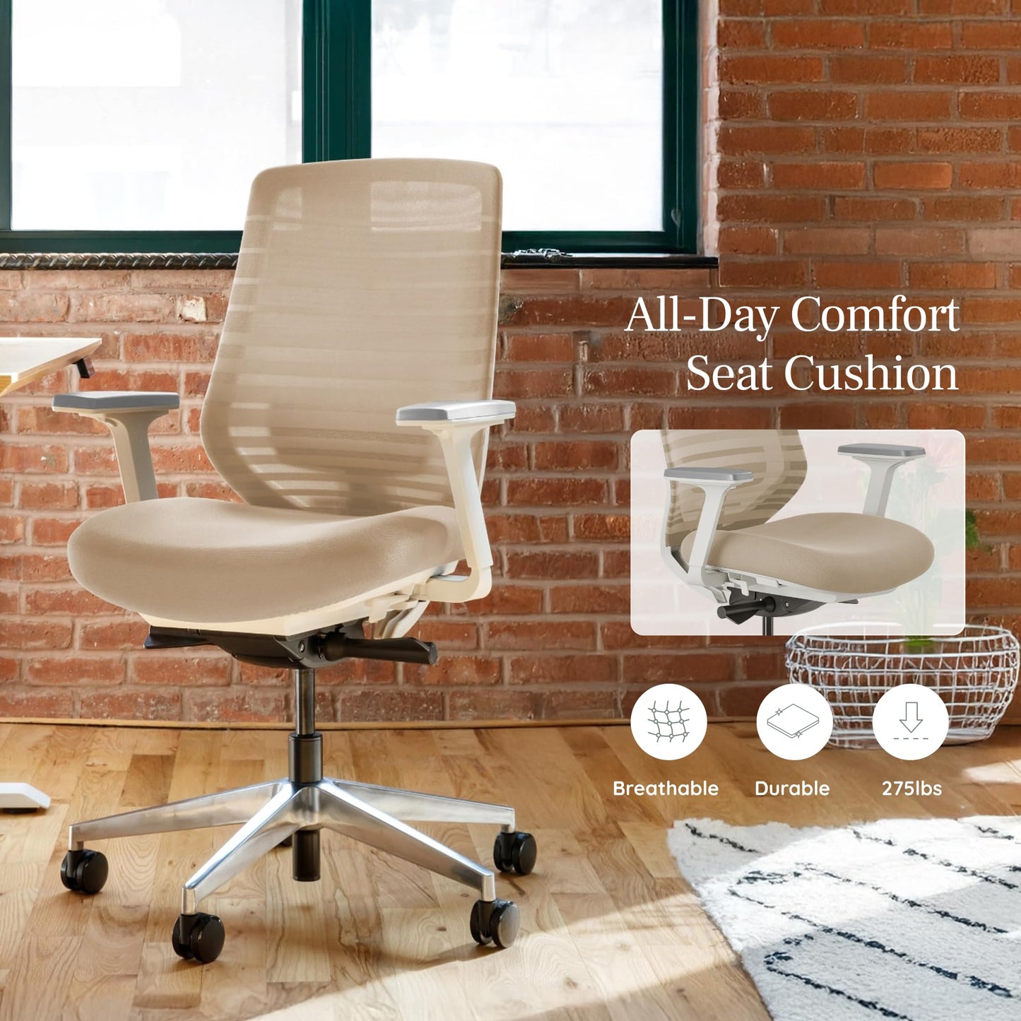 Branch Ergonomic Chair - A Versatile Desk Chair with Adjustable Lumbar Support, Breathable Mesh Backrest, and Smooth Wheels - Experience Optimal Comfort and Support - Pebble - White