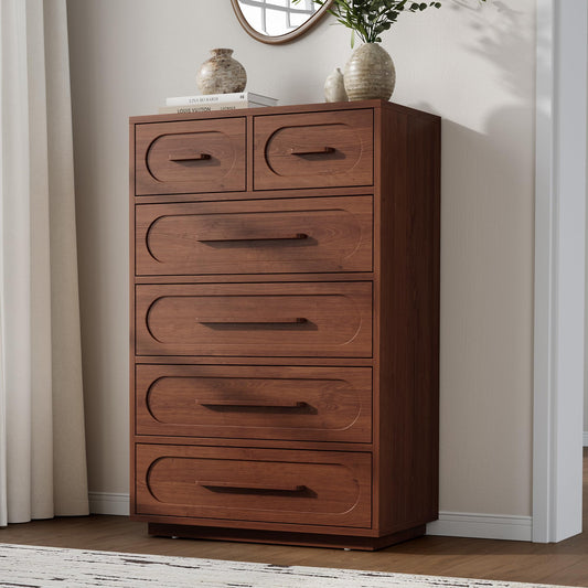 YANSNWO Walnut 6 Drawer Dresser for Bedroom, 44" Tall Dressers & Chest of Drawers w/Solid Wood Handle, Wood Mid Century Closet Organizers and Storage Cabinet for Bedroom, Living Room, Hallway, Walnut