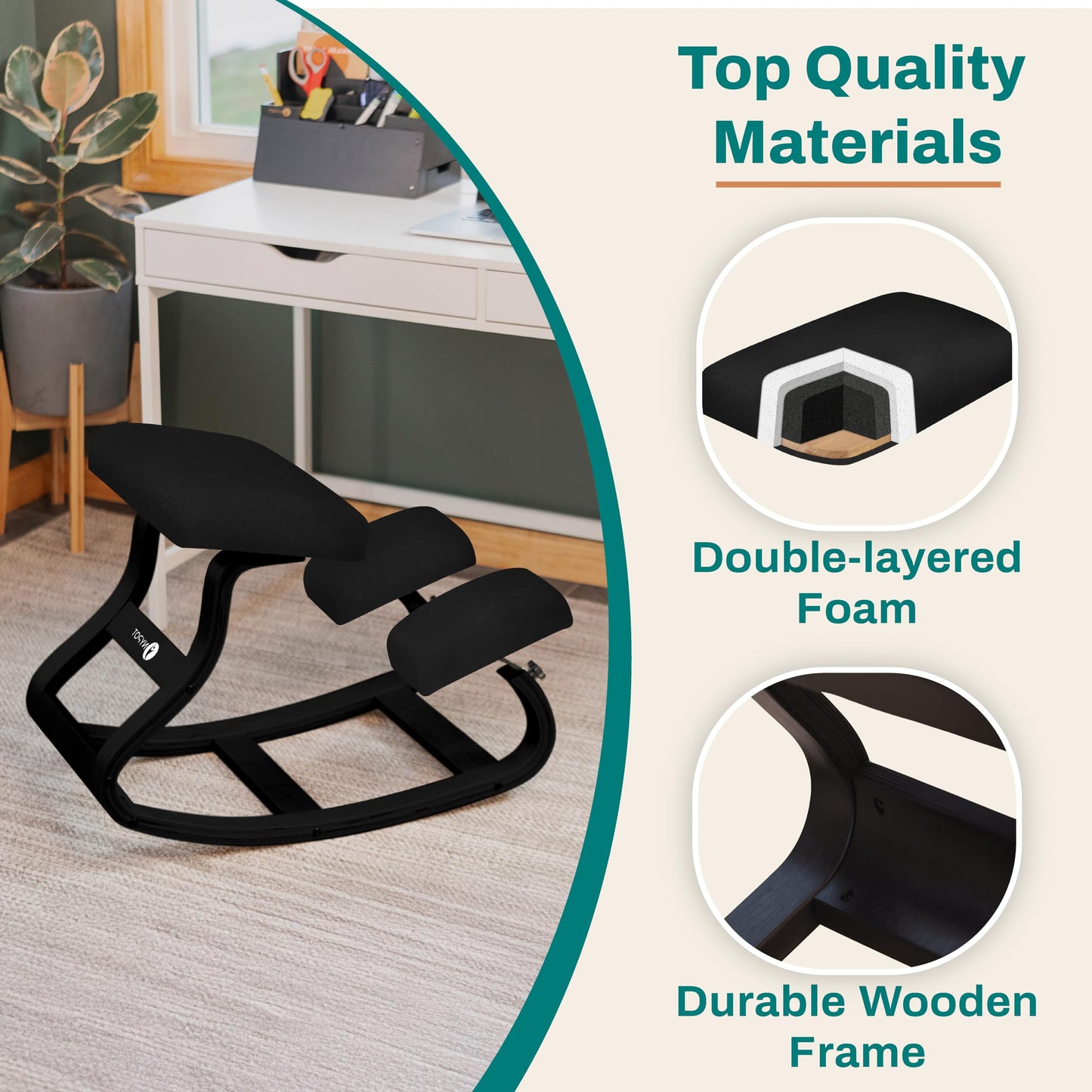 NYPOT Ergonomic Kneeling Chair with Adjustable Seats - Knee Chair for Posture Correction & Kneel Rocking Stool for Desk - Back Pain Relief and Support for Home and Office - Modern Total Black