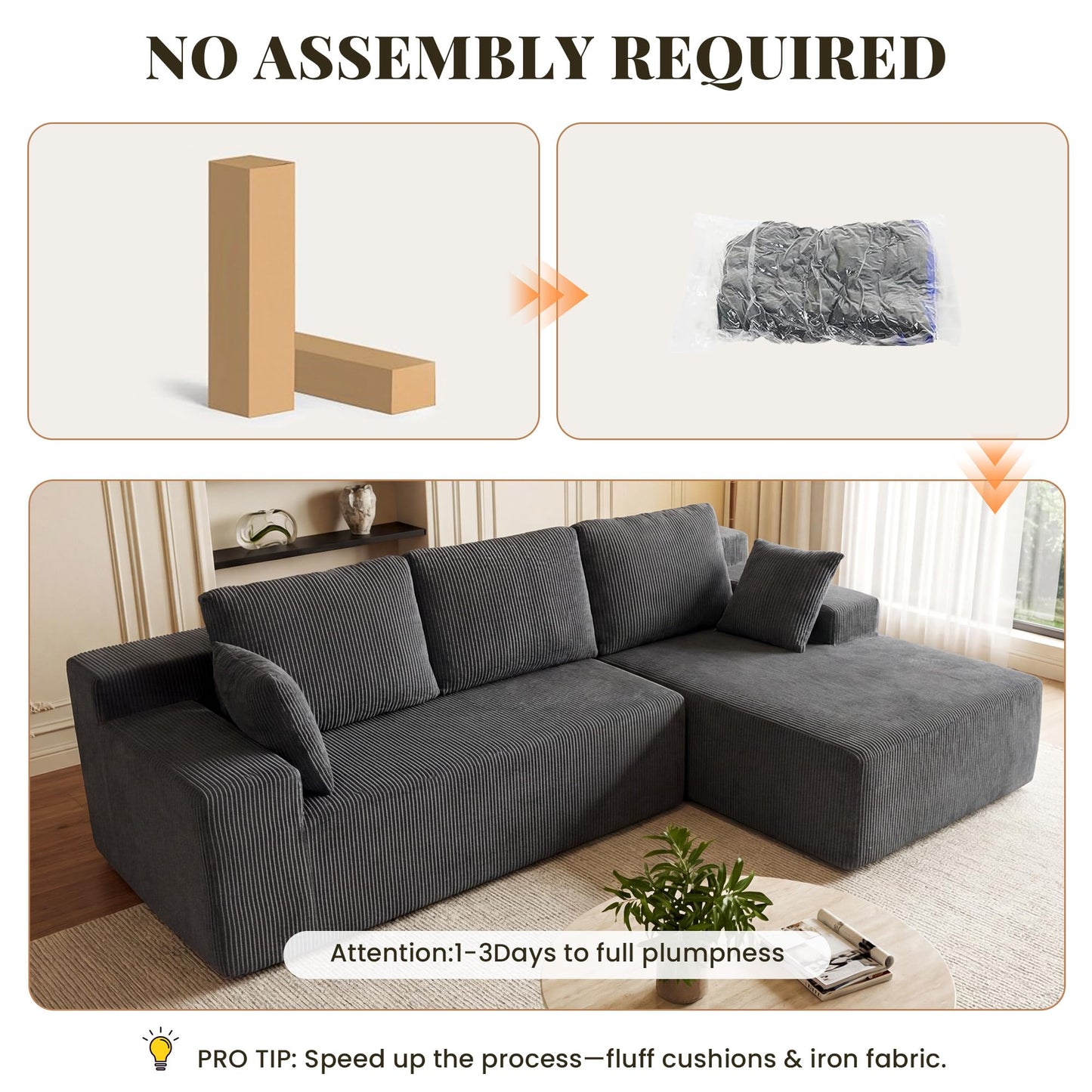 GRUSIGN Cloud Sectional Boneless Couches for Living Room, Modular L Shaped Couch with Deep Seat Oversized Right Facing Chaise, Memory Foam Compressed Spineless 3 Seater Sofa, Grey