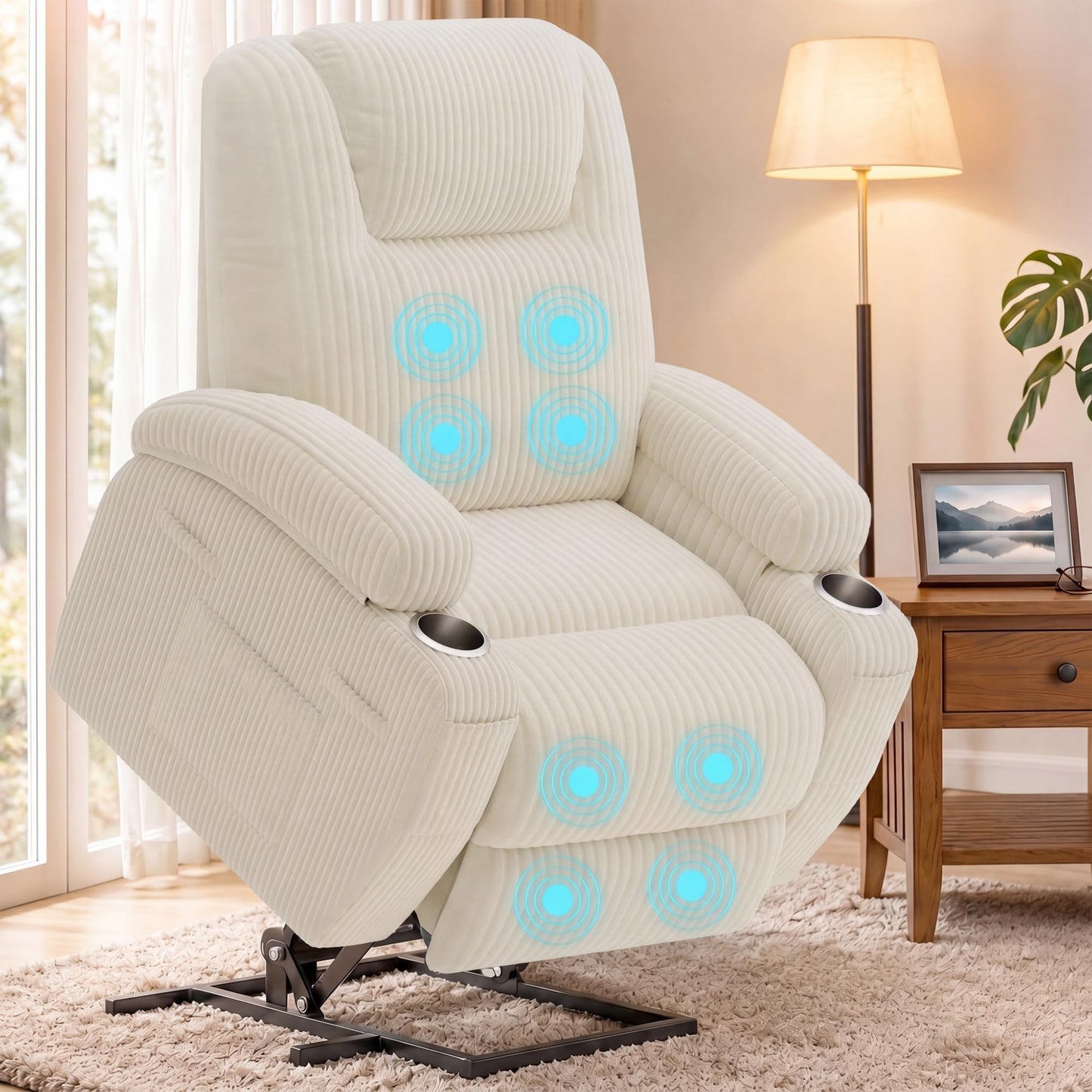 Flamaker Power Lift Chair Massage Recliner Chairs for Elderly, Corduroy Ergonomic Design with Cup Holders & Side Pockets, Remote Control (White)