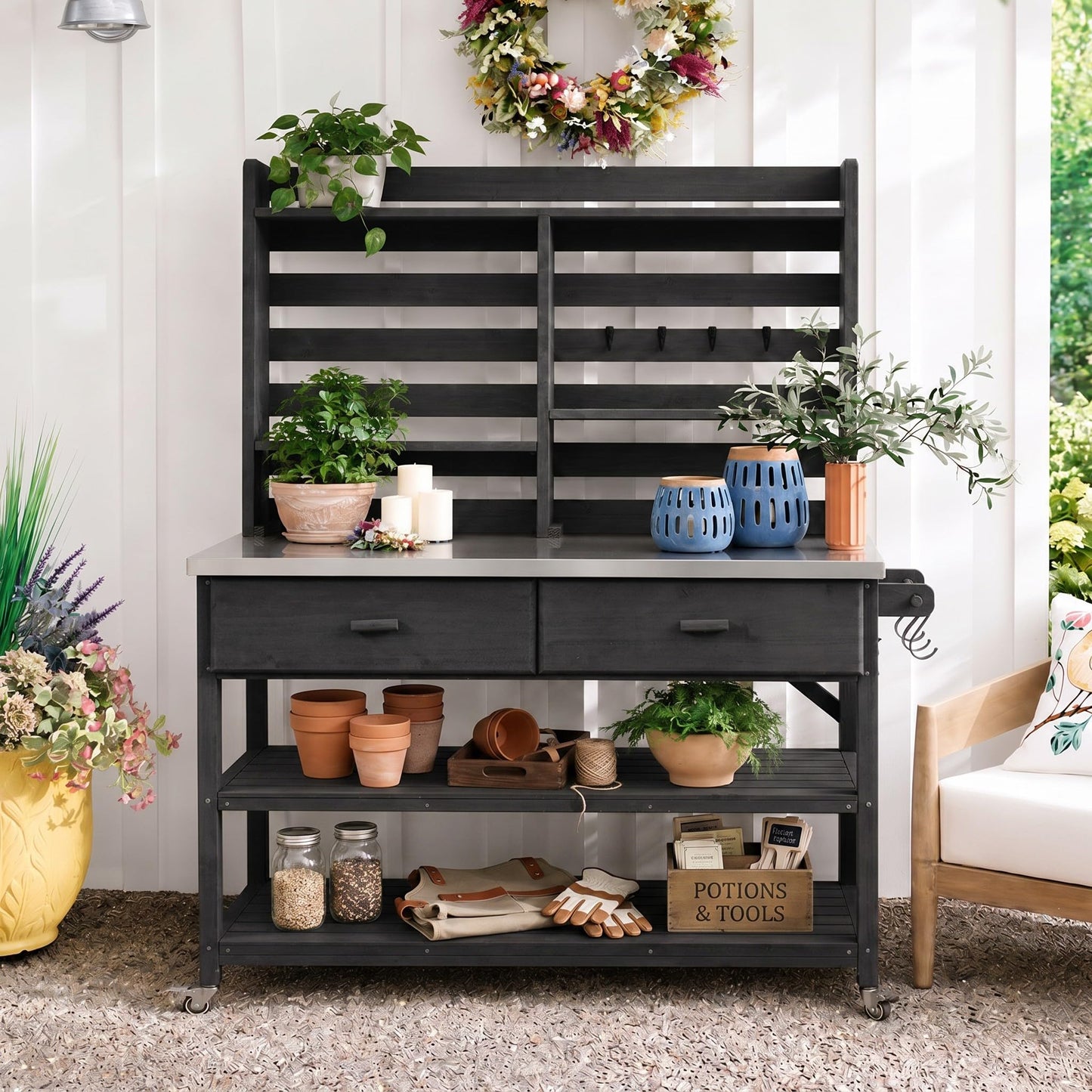 Merax 64.9" H Outdoor Potting Bench Table with Lockable Wheels, Solid Wood Outdoor Kitchen Island with Upper Hutch, Stainless Steel Top, Towel Rack, Outdoor Storage for Grilling, Lawn Garden, Black