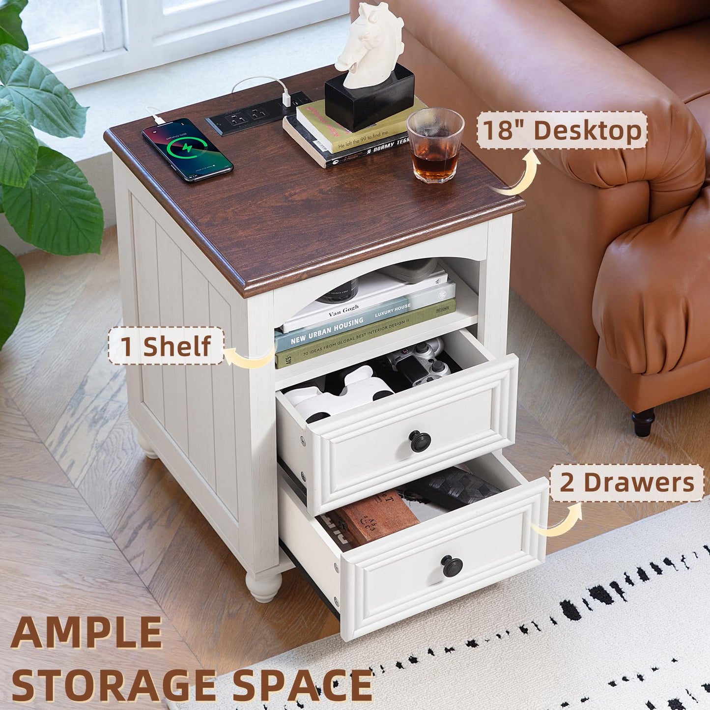RWYHG 18" Farmhouse Night Stands Set of 2 with Charging Station, Wooden Nightstand with 2 Drawers, Bedside End Table with Storage, Bed Side Tables Cabinet for Bedroom, Living Room, and Closet(White)