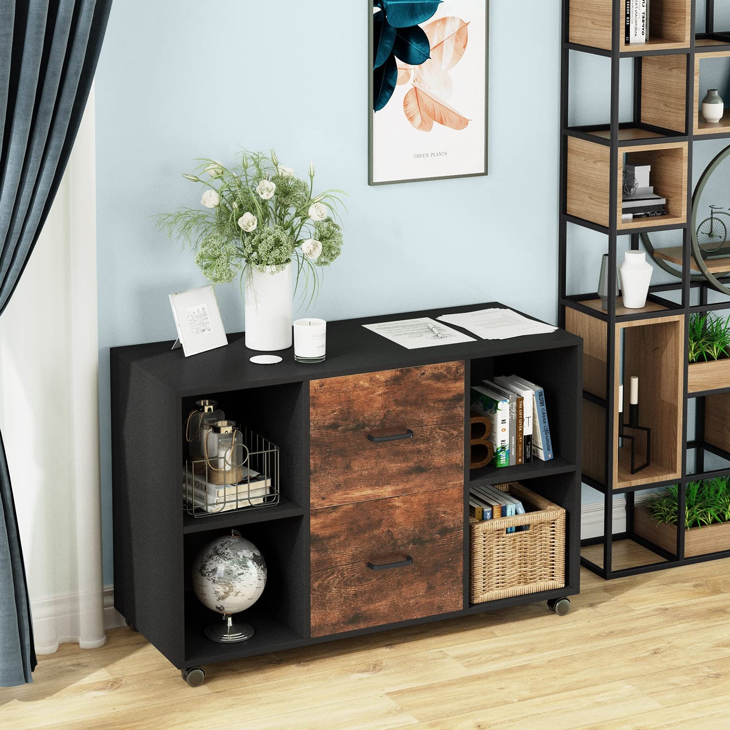 LITTLE TREE 2 Drawer File Cabinet Large Mobile Lateral Filing Cabinet Letter Size for Home Office, Rustic Brown
