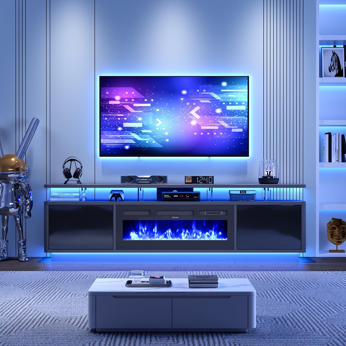 MXV 80" Fireplace TV Stand for Living Room, 36" Electric Fireplace with Adjustable Flames & Double LED Lights, Remote Control, Storage Cabinet with High Gloss Board, Fits TVs Up to 90", Black & Black