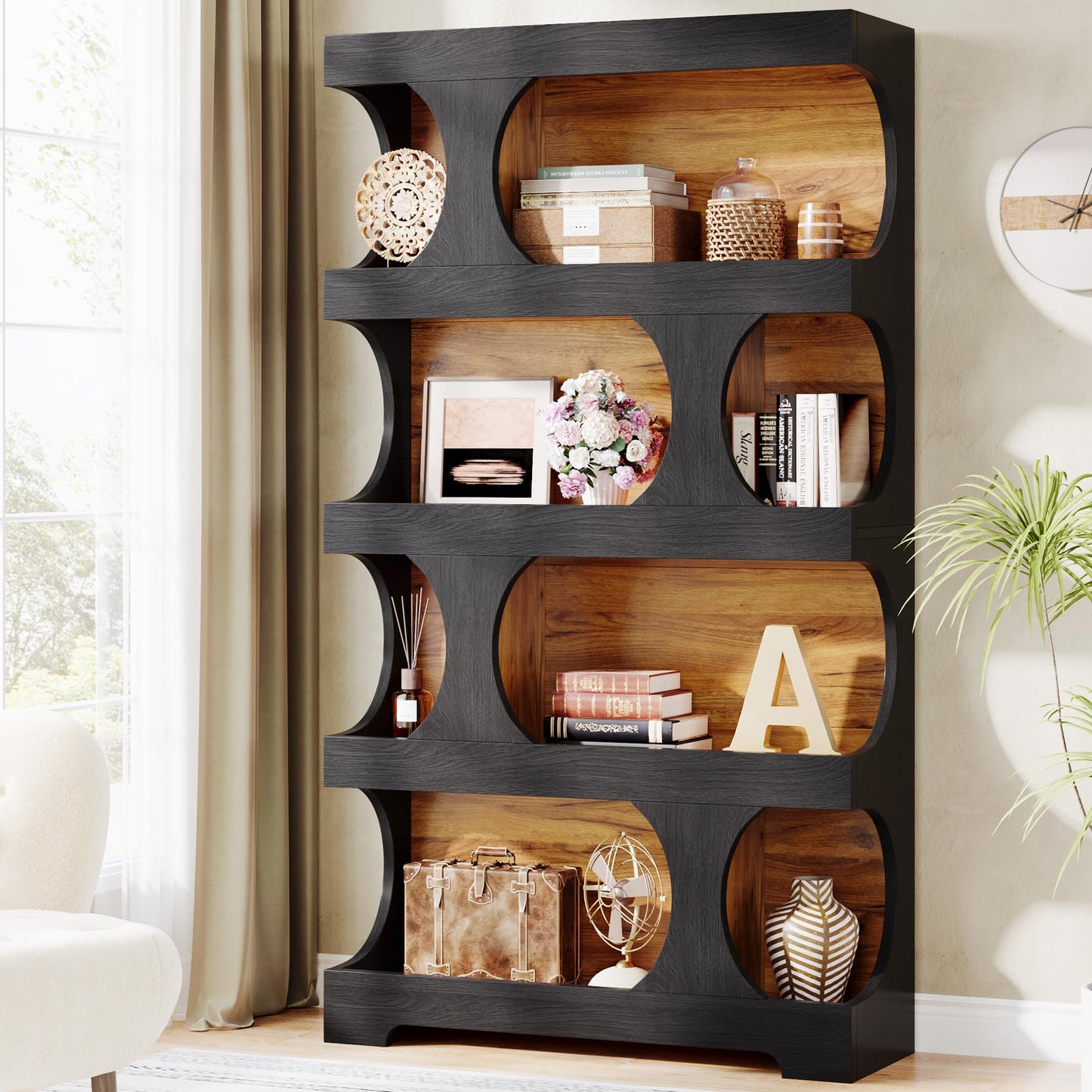 Tribesigns 71" Tall Bookcase, 4-Tier S-Shaped Bookshelf, Wood Decorative Storage Shelving, Modern Freestanding Display Shelves, Large Library Book Shelf Unit for Home Office Living Room, Black & Brown