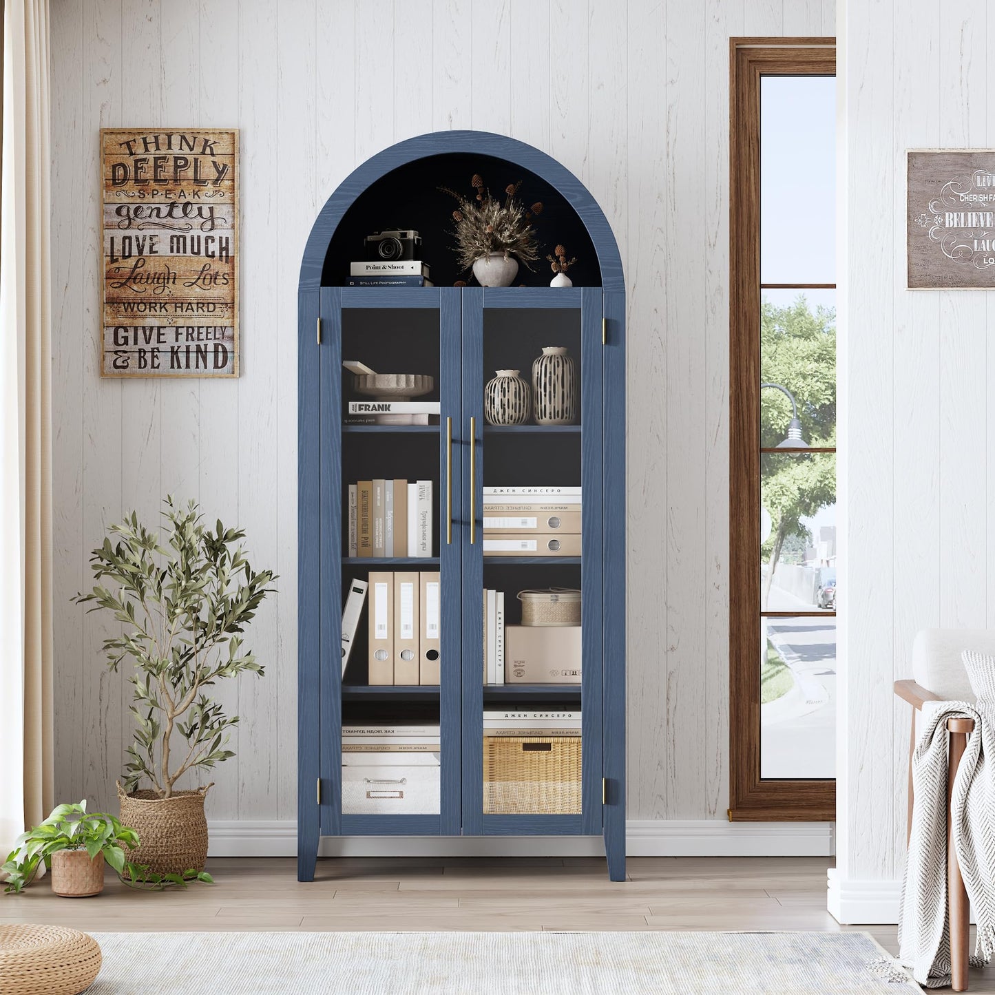 GarveeHome Arched Kitchen Pantry Cabinet - Farmhouse 5 Tier Display Shelf with Adjustable Shelf and 2 Large Glass Doors, Versatile Storage Cupboard for Kitchen, Dining Room, Living Room, Night Blue