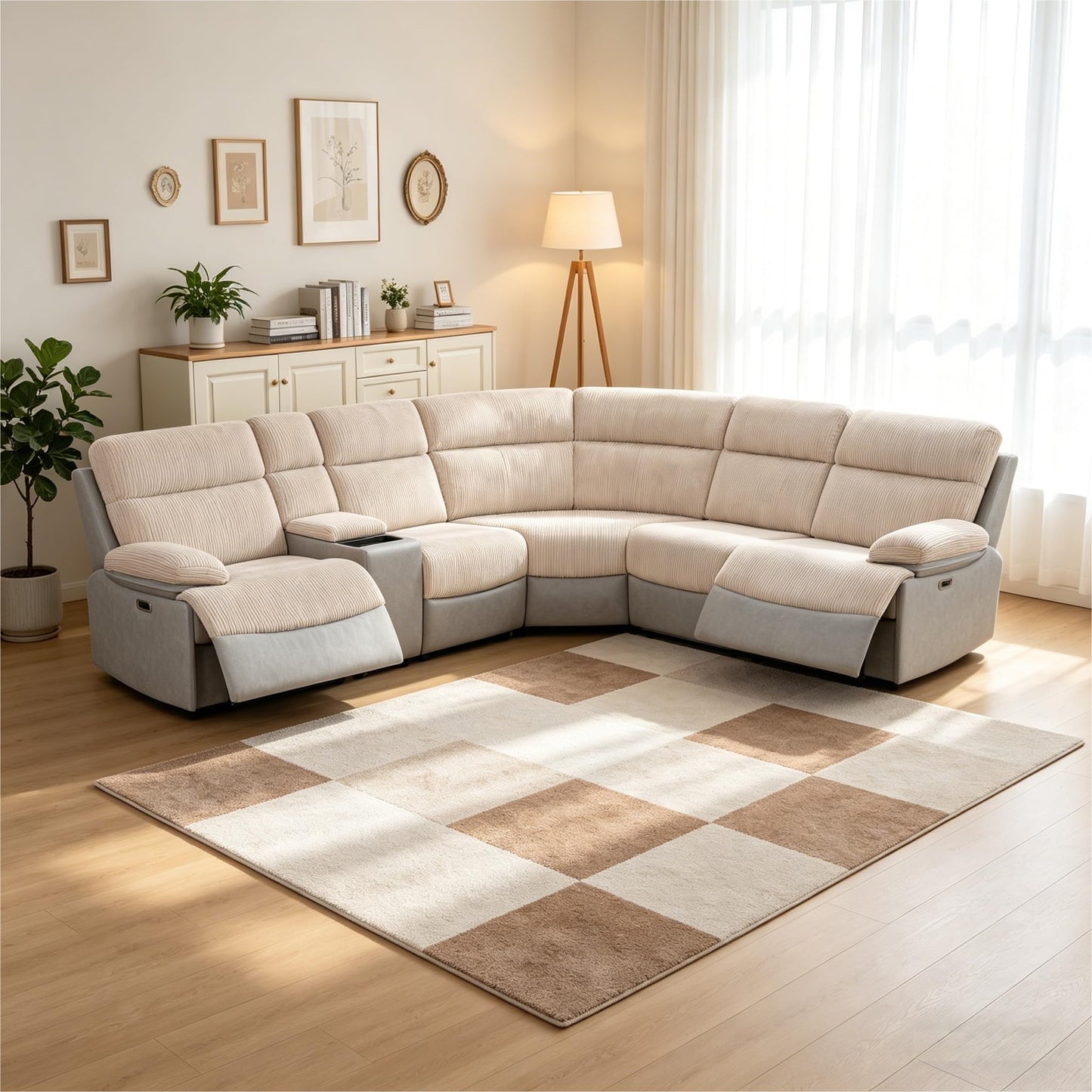 Trygoal Power Reclining Sectional Sofa Set, Modern L-Shaped Couch with Recliner, 4 Seat Power Reclining Sofa, Reclining Sectional Couches for Living Room, Home, Office, Leather, Off-White & Gray