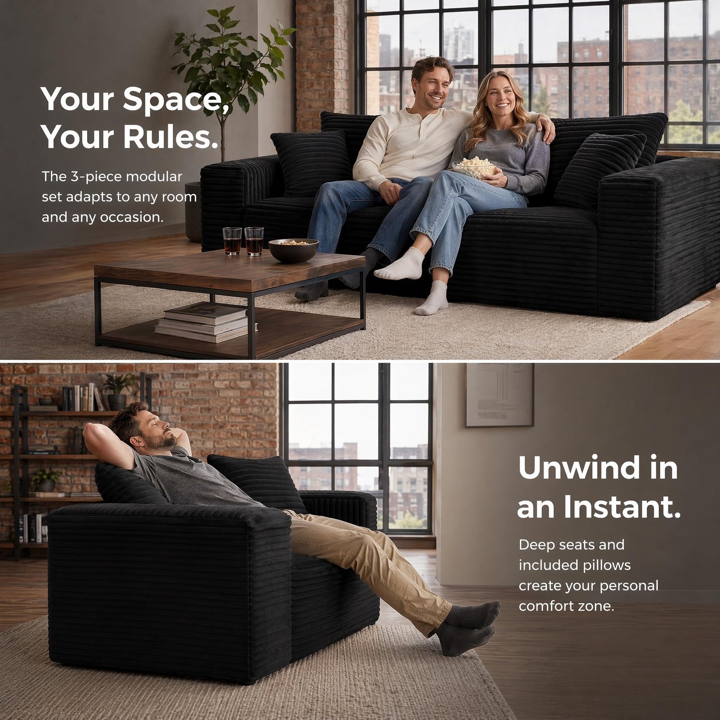 Trygoal 3-Pieces Sectional Boneless Couch Set for Living Room, Oversized Couch Including 3-Seater & 2-Seater & Single Chair, Deep Seat Sofa Set with Armrests & Pillows,No Assembly Required, Black