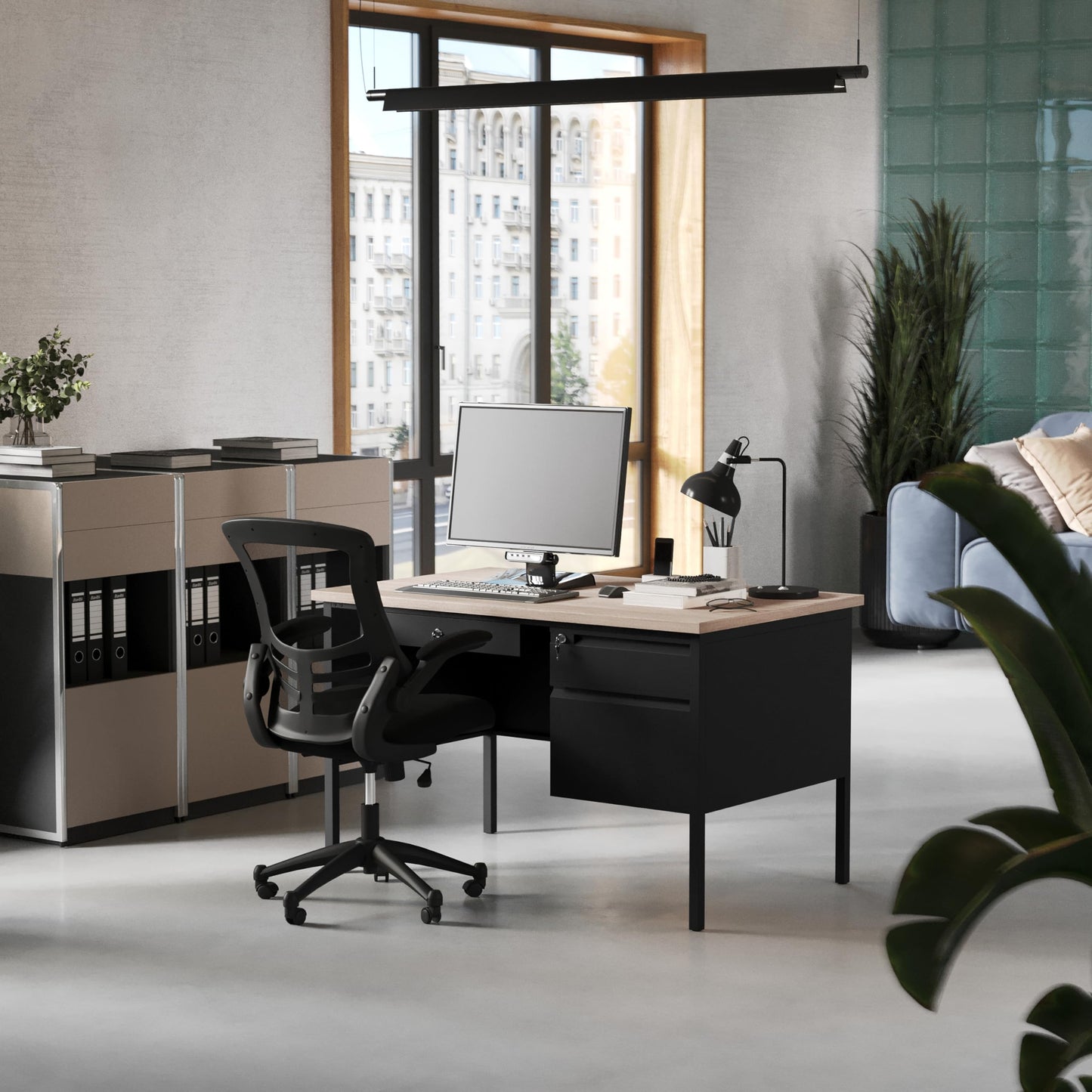 Flash Furniture Cambridge Right Side Single Pedestal Desk with 3 Locking Drawers, Commercial Grade Teacher's or Office Desk, 30x48, Metal Frame, White Oak/Black