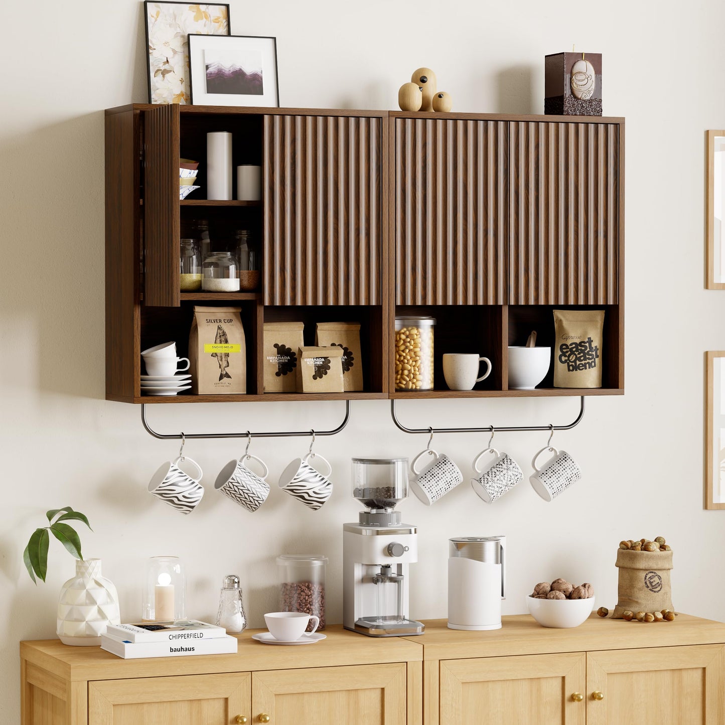 MoomJiee Fluted Wall Cabinets with Doors and Shelves Set of 2, Modern Medicine Cabinet Bathroom Adjustable Shelf Towel Rack Wood Storage Cabinet for Kitchen Dining Room Living Room, Brown