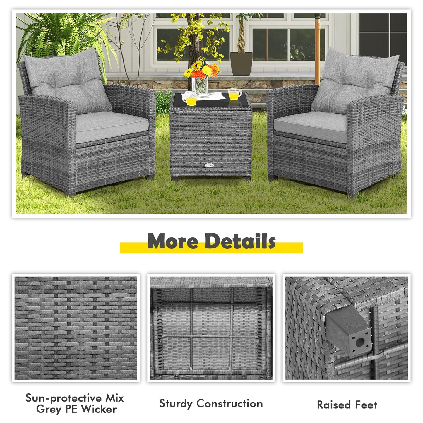COSTWAY 3-Piece Patio Furniture Set, Outdoor Wicker Rattan Sofa with Cushions, Coffee Table with Tempered Glass, Conversation Sofa Set for Poolside Backyard Balcony (Grey)