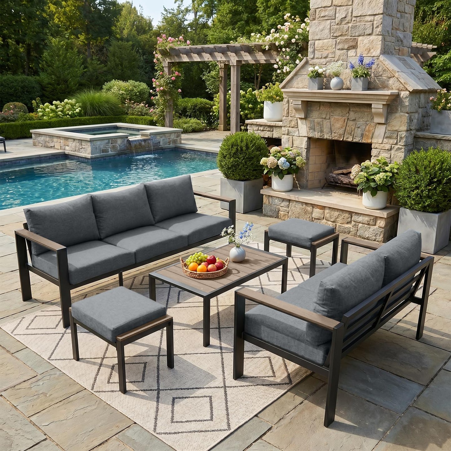 SAILARY Outdoor Patio Furniture Set 5 Pieces Luxury Aluminum Patio Conversation Set with Coffee Table and 2 Ottoman 7 Seats, Thick Cushions, Large Sectional Sofa for Porch, Balcony, Deck, Yard, Gray