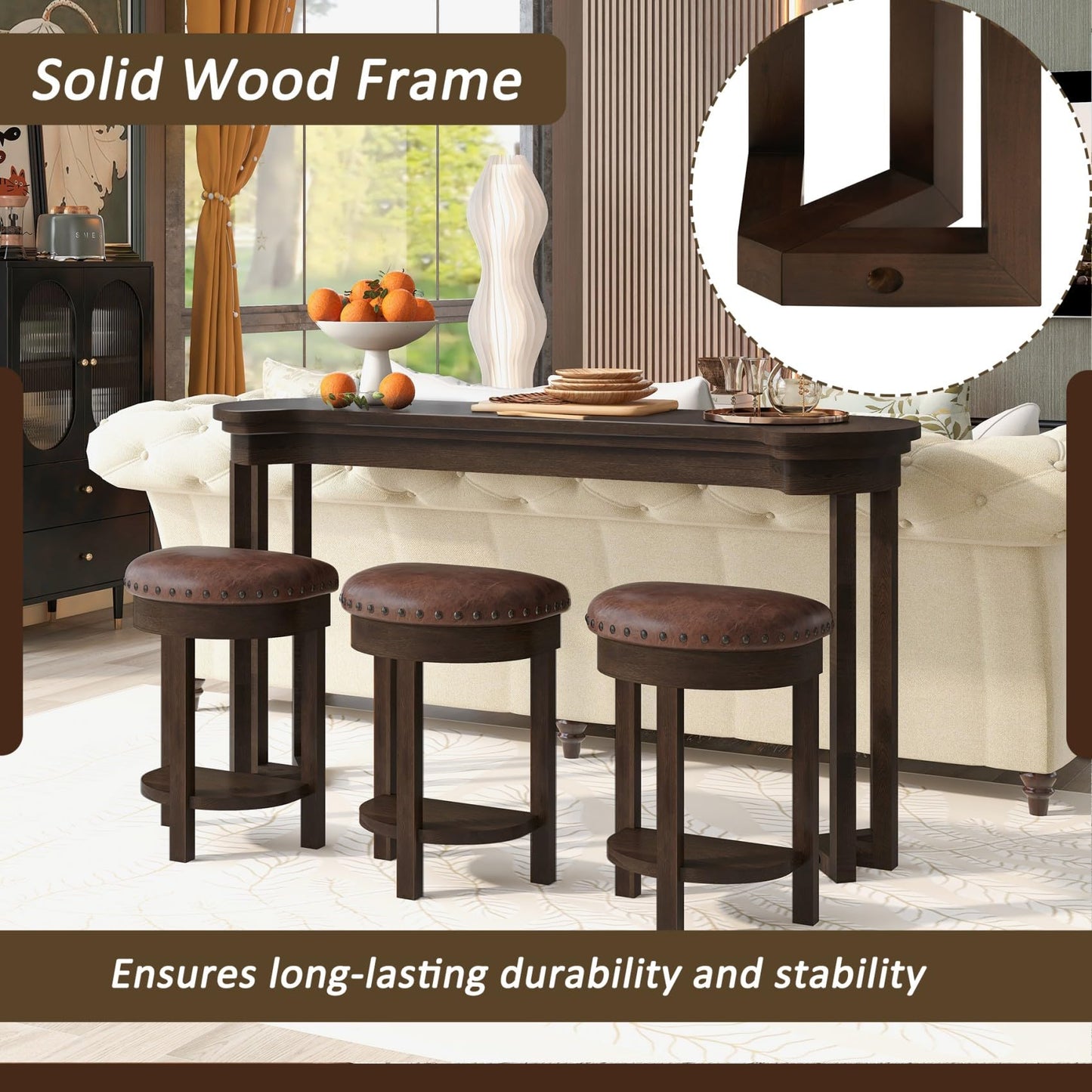 KEIKI 60" Solid Pine Wood Bar Table Set with 3 PU Stools Chairs, Long Bar High Top Dining Table & Upholstered Stools, Behind Couch Sofa Counter Height Pub Table for Breakfast, Kitchen Living Room