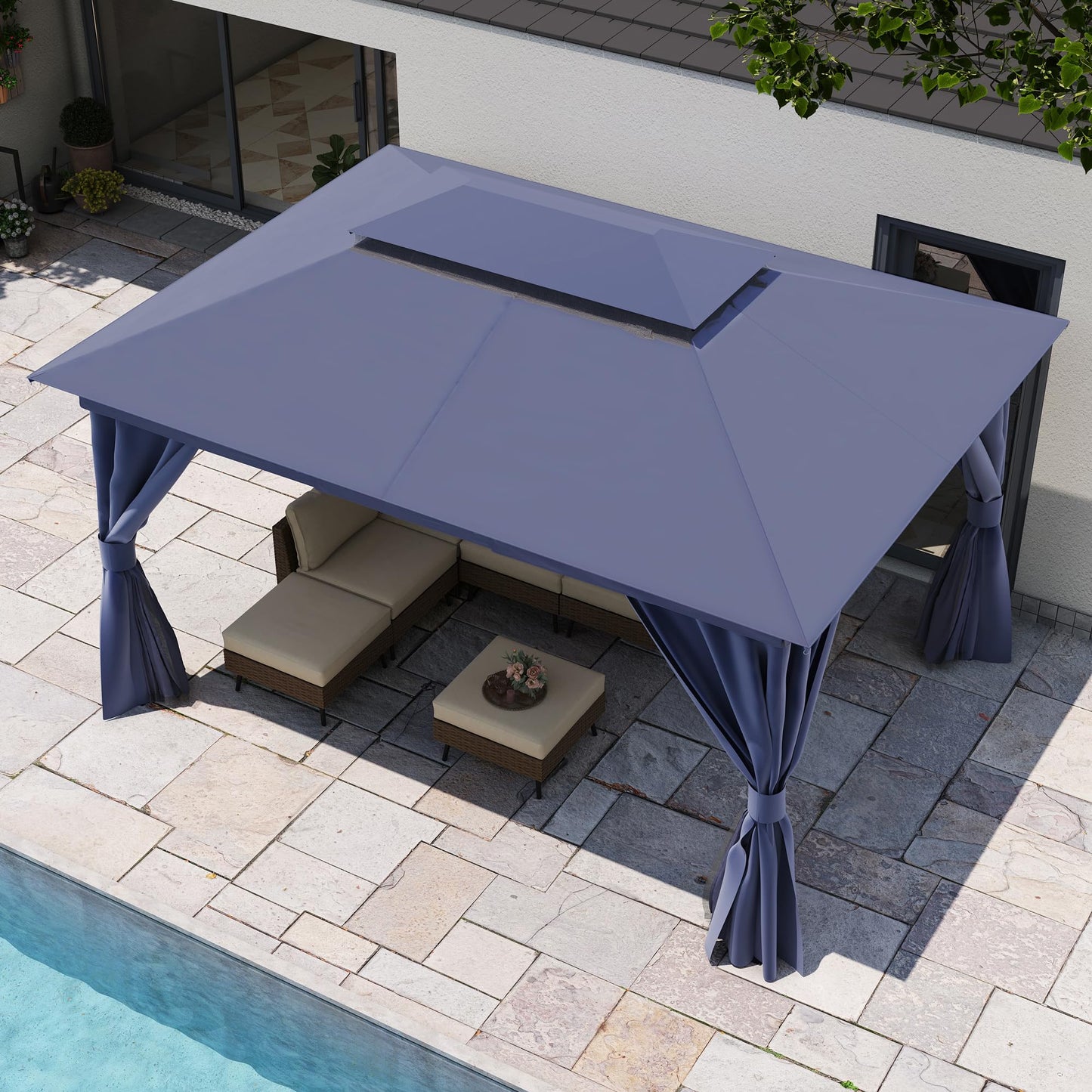 LAUSAINT HOME 10'x13' Outdoor Gazebo, Metal Frame Heavy Duty Patio Canopy Tent Shelter with Double Roofs, Mosquito Nettings and Privacy Screens for Backyard, Garden, Lawn, Navy Blue