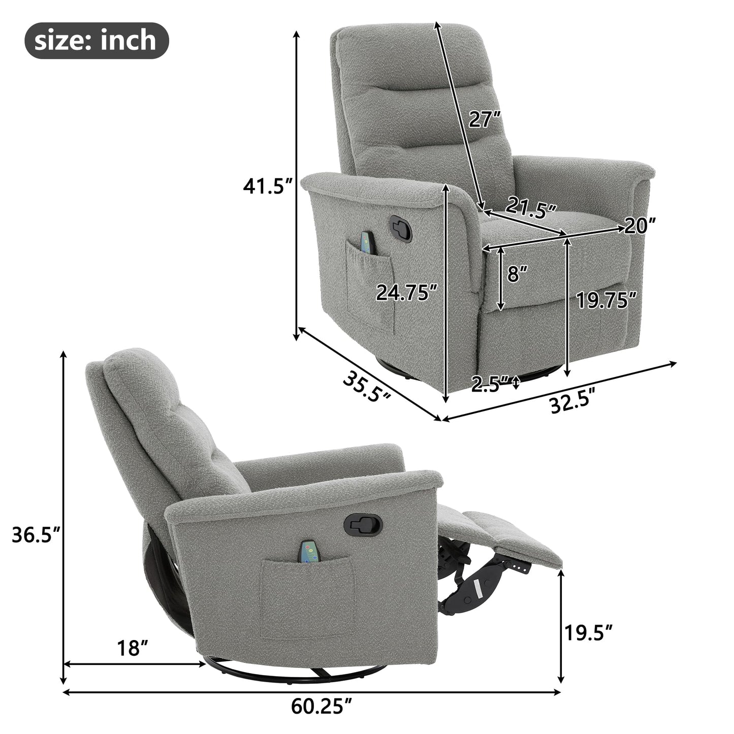 Merax Manual Recliner Chair Rocking & 270° Swivel Recliner with 8-Point Massage Function and Adjustable Backrest, Chenille Recliner for Living Room, Nursery, Bedroom, Grey