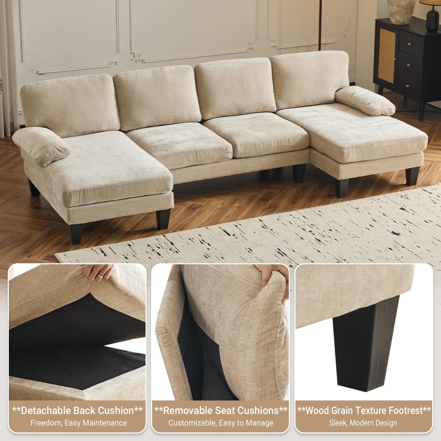 VINGLI 110" Sectional Couches for Living Room,U Shaped Couch with Double Chaise, 4-Seat Sofa Set with Chenille Fabric for Home Furniture,Light Khaki