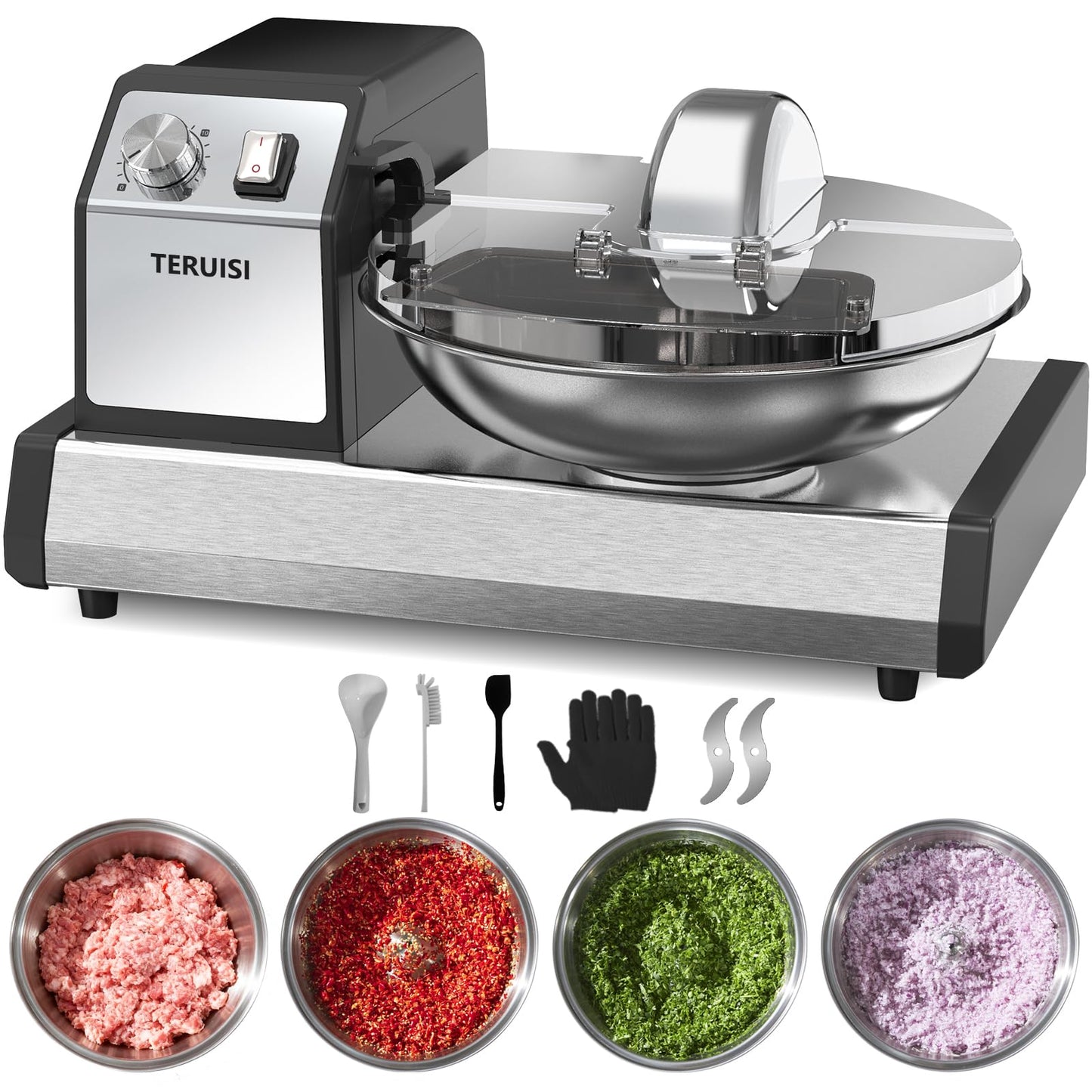 TERUISI Commercial Food Processor, 250W Heavy Duty Electric Meat Grinders with 1500RPM Blade Speed, 6QT Stainless Steel Food Bowl and 0-15 Mins Timer, CE Certified Vegetable Chopper Food Mixer Machine