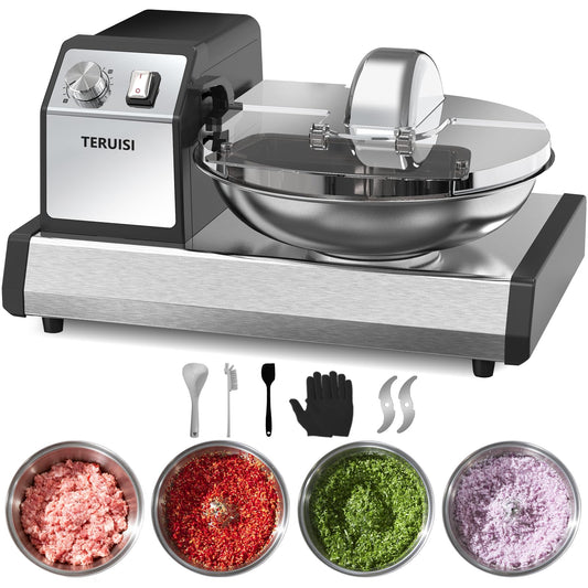 TERUISI Commercial Food Processor, 250W Heavy Duty Electric Meat Grinders with 1500RPM Blade Speed, 6QT Stainless Steel Food Bowl and 0-15 Mins Timer, CE Certified Vegetable Chopper Food Mixer Machine