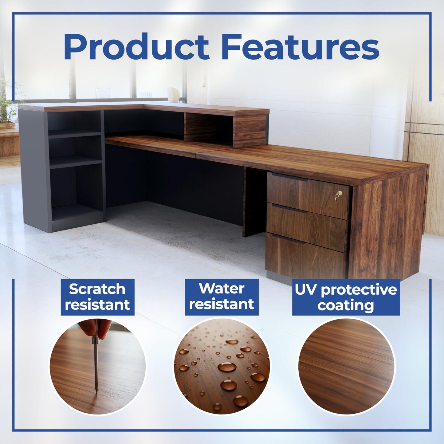OfficeSimpli L Shaped Reception Desk, 78.5 x 40.5 x 42 Inch, Made in USA, Lockable Drawers and Shelf Storage, Front Desk for Office Lobby, Ships Mostly Assembled