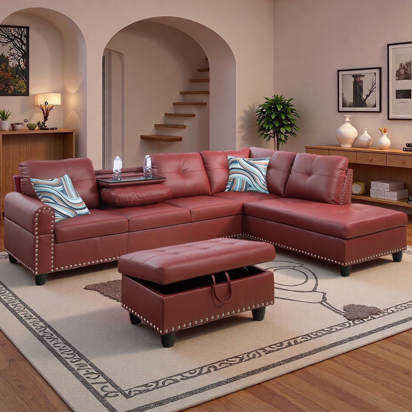 Topcomfy 97.5" L Shaped Couch Set, Modular Sectional Couches for Living Room with Storage Ottoman, 4 Seat Home Sofa Living Room Furniture Sets with Chaise for Apartment Office (Faux Leather, Red)