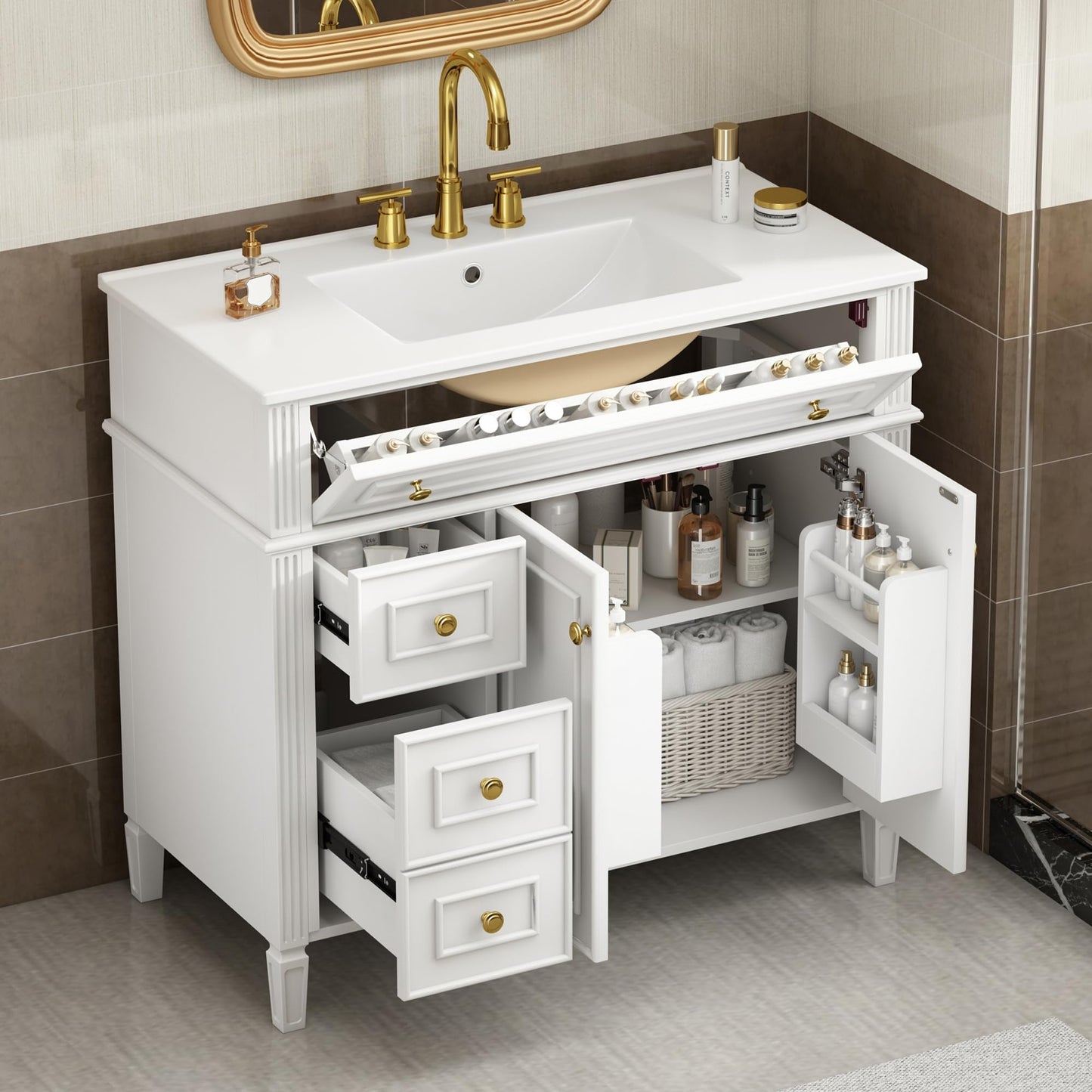 36" Bathroom Vanity Cabinet with Ceramic Countertop Sink Combo Set, Solid Wood Frame, Tilt-Out Drawers and Left Side Drawers, Soft Closing Door Hinges, Modern Style, White