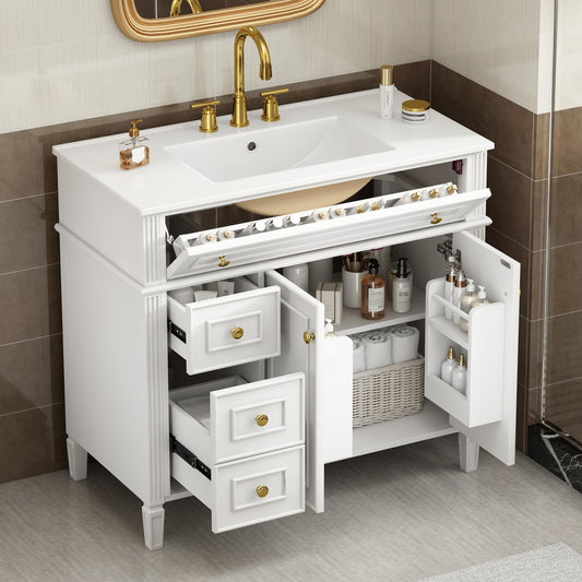 36" Bathroom Vanity Cabinet with Ceramic Countertop Sink Combo Set, Solid Wood Frame, Tilt-Out Drawers and Left Side Drawers, Soft Closing Door Hinges, Modern Style, White