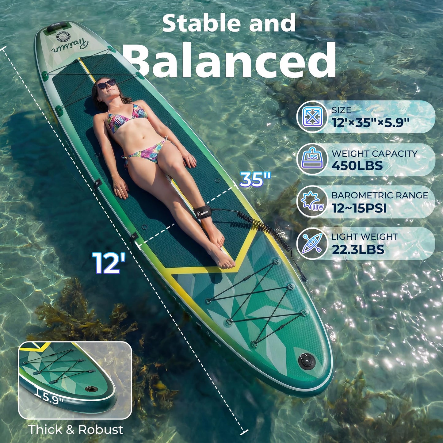 PRAISUN 12’ x 35” Inflatable Paddle Board, 450lbs Extra Wide Stand Up Paddleboard for Youth/Adults of All Skill Levels, Stable SUP with Seat & Full Kit, for Fishing, Yoga, Lake & Ocean, Green