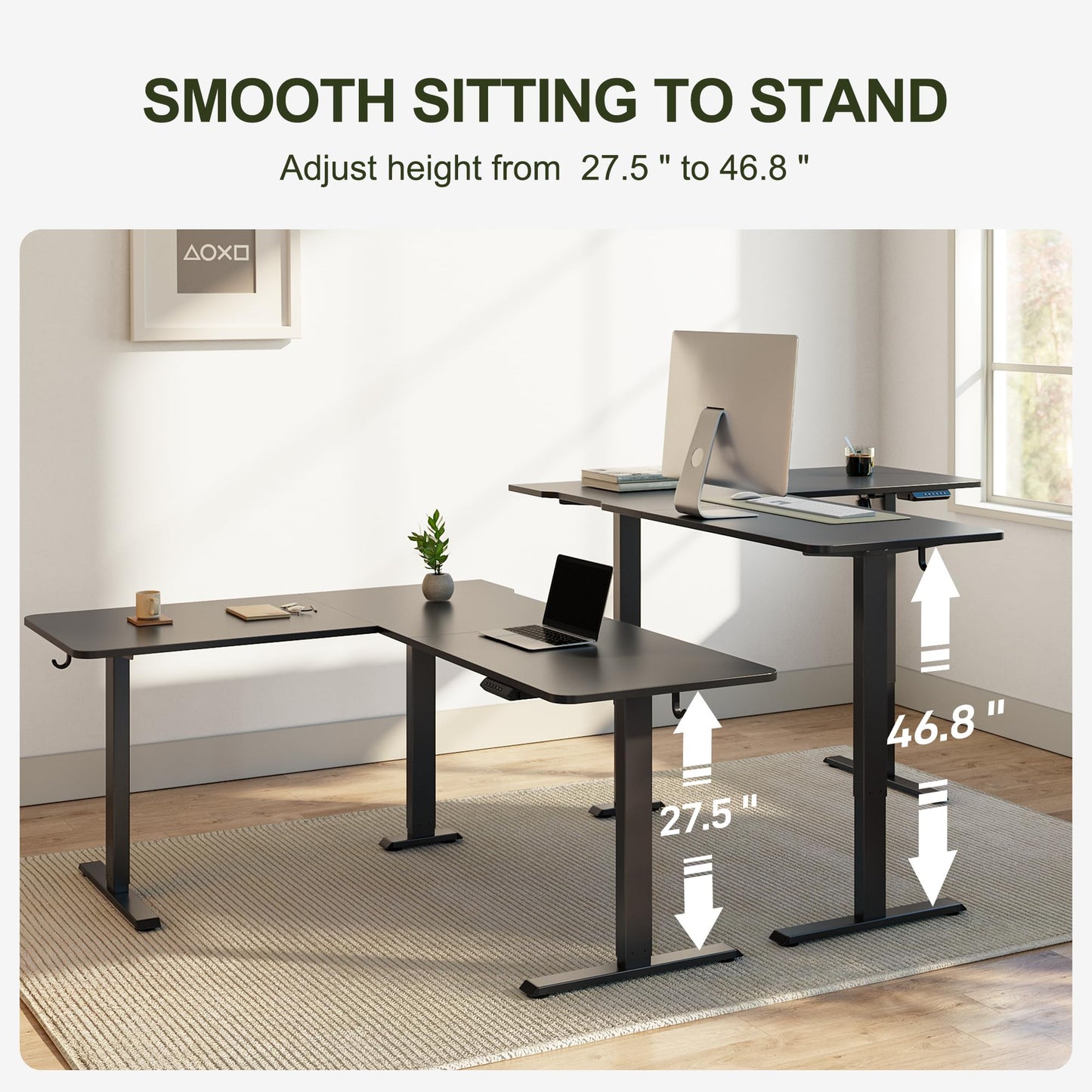 BANTI L-Shaped Standing Desk - 63 x 55 Inch Adjustable Corner Standing Desk with Charging Station - L Shape Sit Stand Table with Memory Controller, Splice Board for Home Office, Black