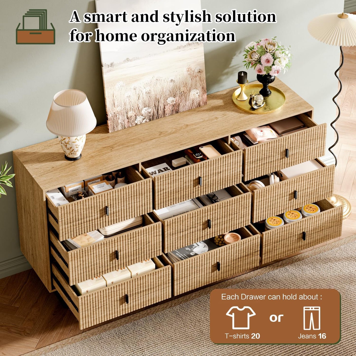 Chrangmay Modern Chest of Drawers with 9 Drawers,Deep Drawers,Clothes Organizer,Large Storage Cabinet for Living Room, Bedroom,Hallway,with Anti-Tipping Device, Oak