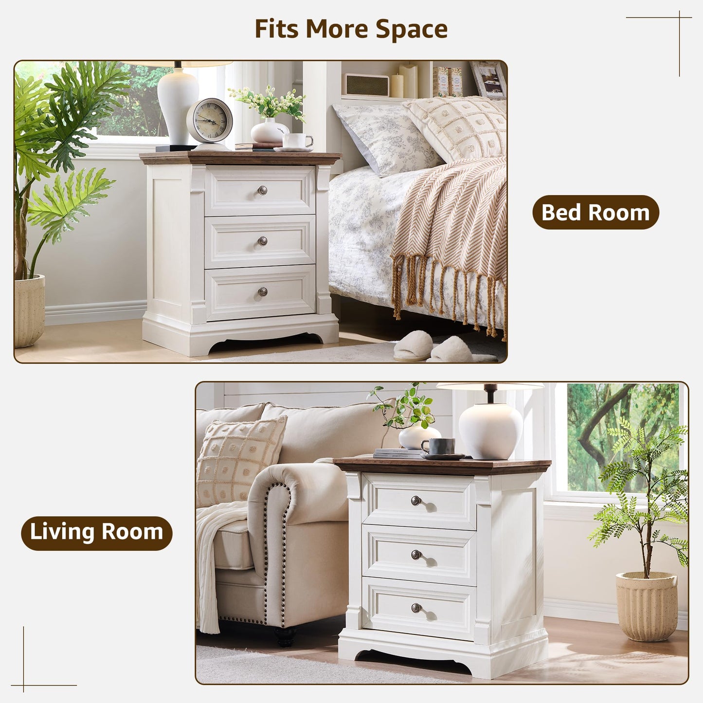 T4TREAM Farmhouse Nightstand Set of 2, 23.6" End Table with 3 Drawers Storage, Wood Side Table w/Roman Column, End Tables Living Room Set of 2, Bedside Cabinet for Bedroom, Living Room, Antique White
