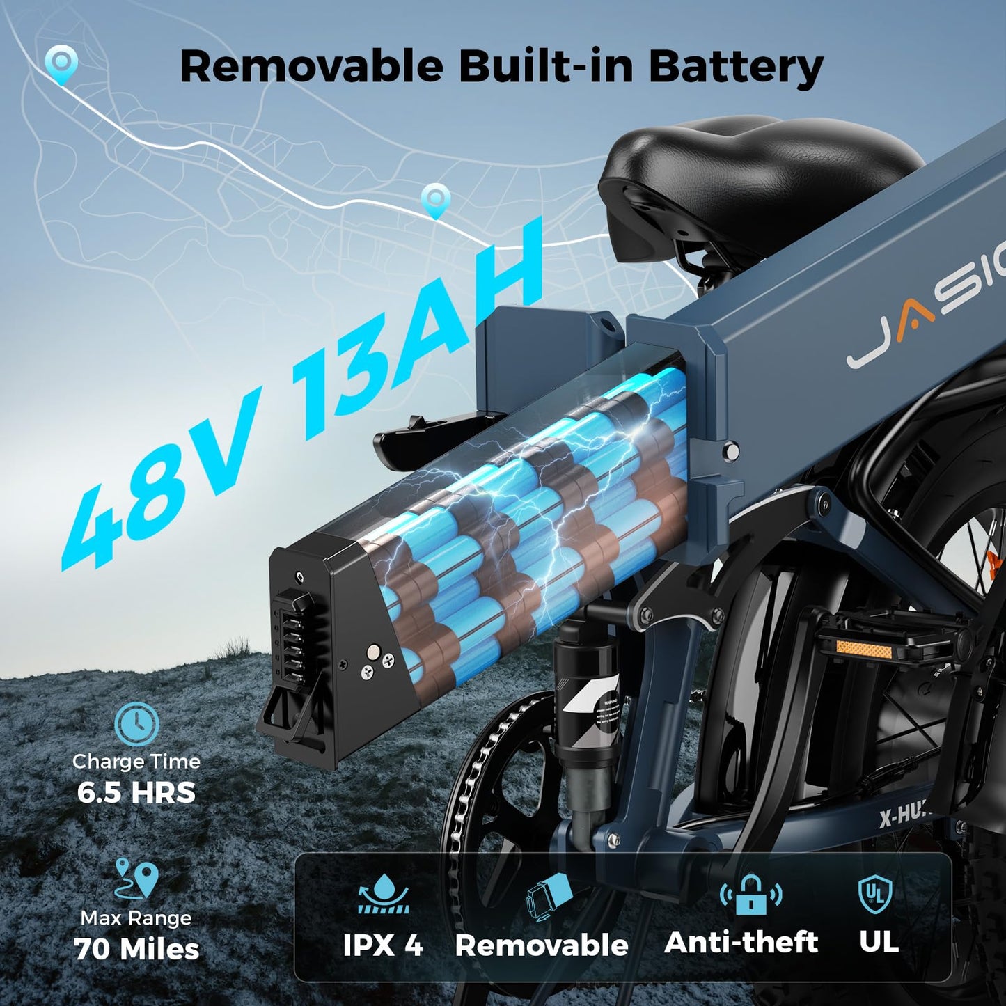 Jasion X-Hunter Foldable Electric Bike, 70+Miles 30MPH Max Speed, 1400W Peak Motor, 624WH Removable Battery, 20″*4 Fat Tire Bicycle for Adult, 7-Speed & Full Suspension EBike for Commute,Snow,Mountain