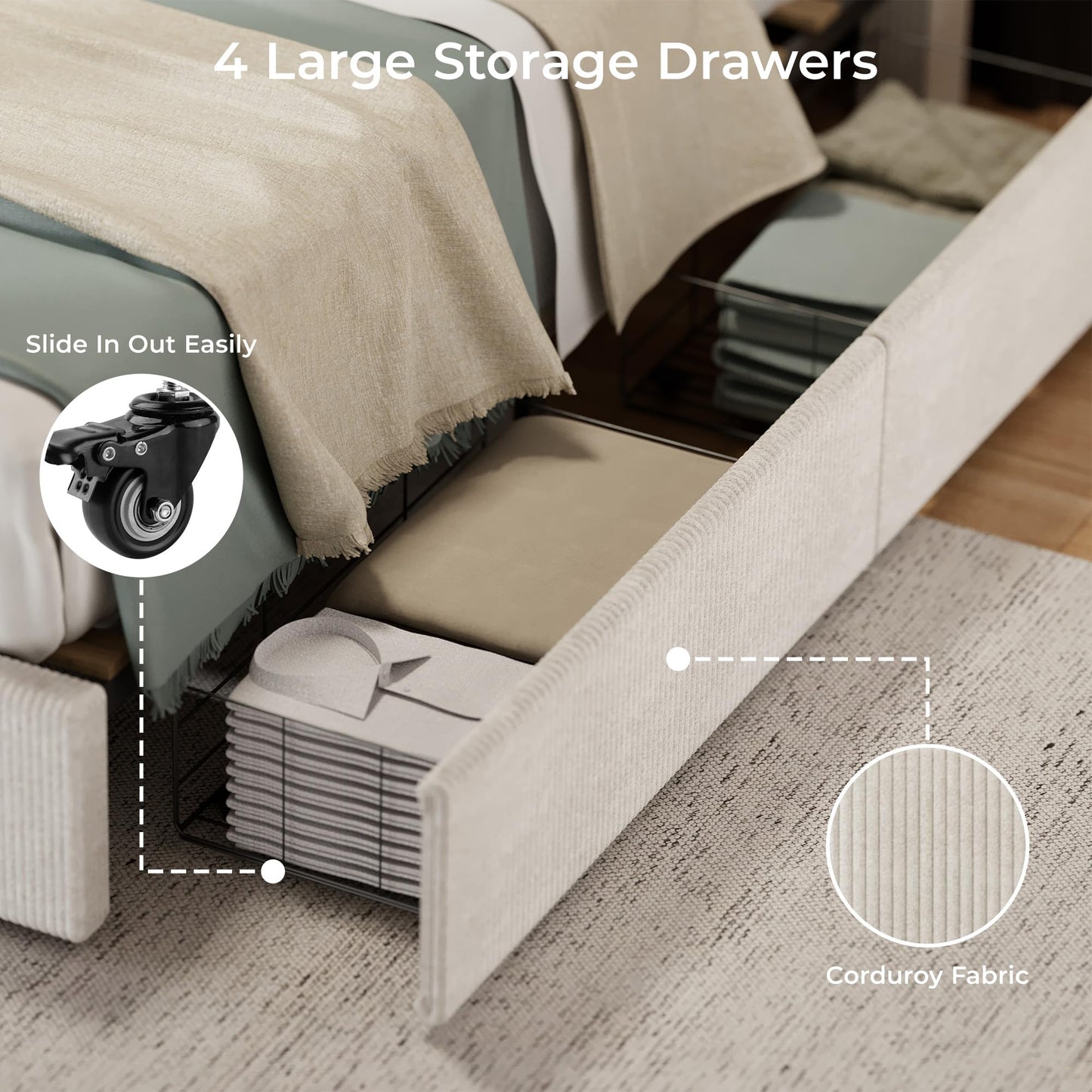 GarveeHome Bed Frame, King Size Platform Bed with 4 Storage Drawers, Upholstered Corduroy Channel Tufted Headboard Bed Frame with Strong Wooden Slat Support, No Box Spring Needed, Beige