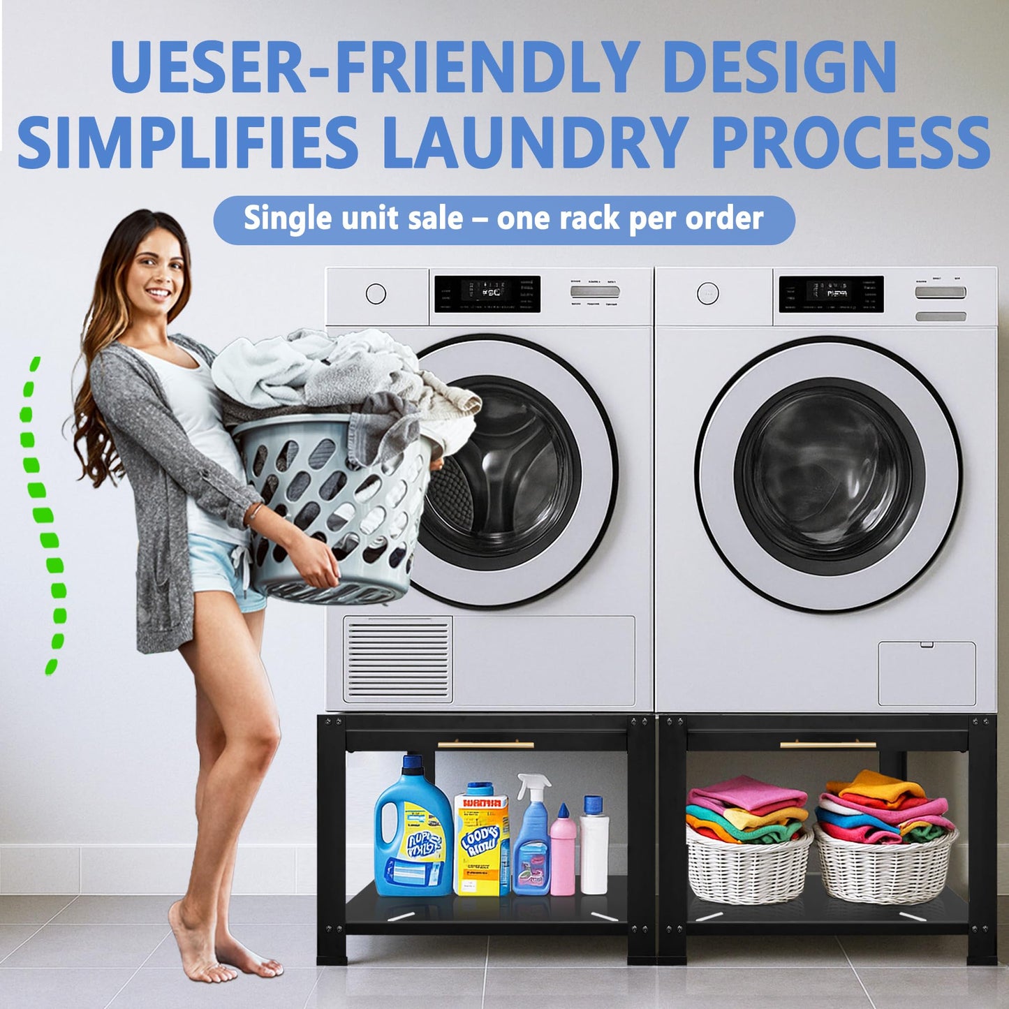 Royxen Washer and Dryer Pedestals Heavy Duty Metal Laundry Pedestal 29"W x 29"D x20"H, Washer Dryer Pedestal Extra Big Screws for Anti-Vibration, Basket Shelf, 800lbs Capacity, Black