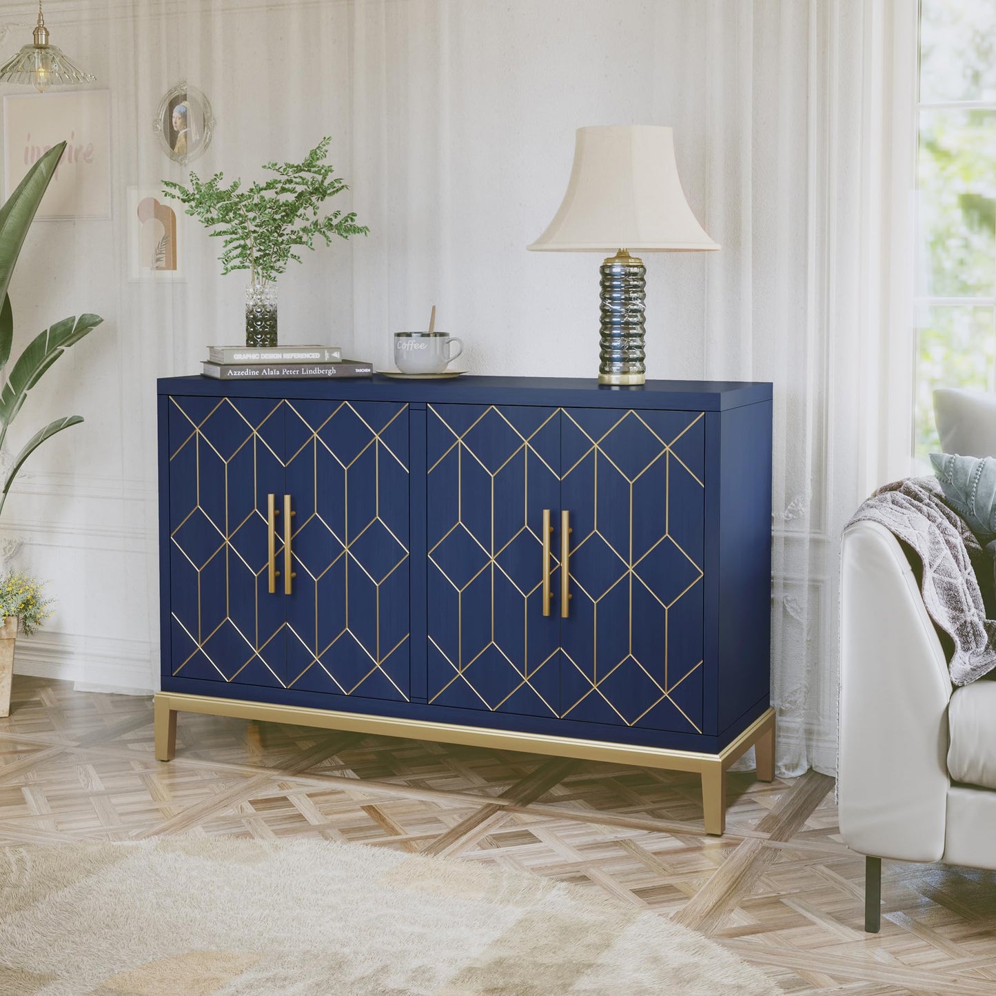 HLR 48" Accent Cabinet with 4 Doors and Shelves, Modern Credenza Storage Cabinet with Gold Trim, Sideboard Buffet for Living Room, Kitchen, Dining Room, Hallway, Blue
