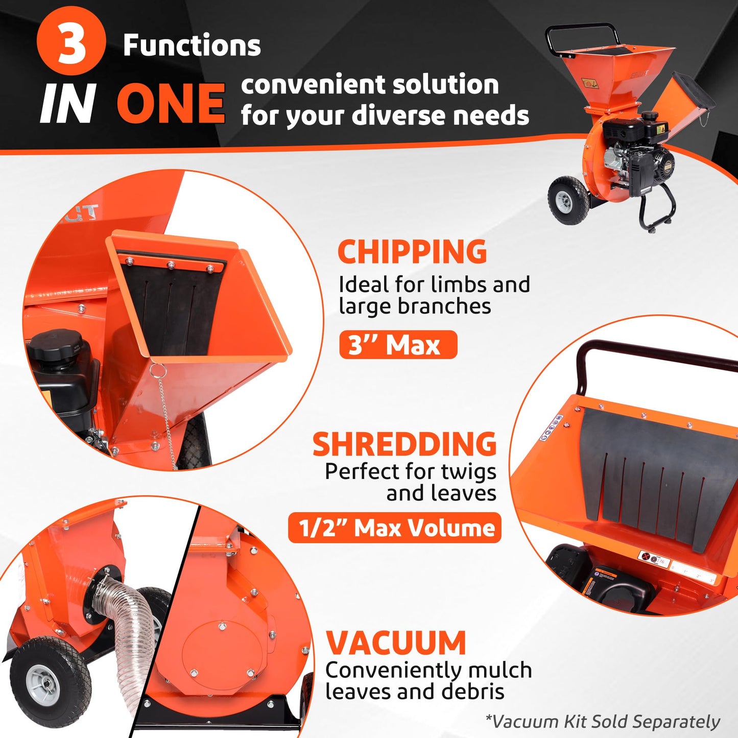 EFCUT 3 in 1 Wood Chipper Shredder Mulcher, 7 HP 212cc Heavy Duty Gas Powered, 3" Inch Max Wood Diameter Capacity, 2 Hoppers Multi-Function with Large Cutting Disc, Included Debris Bag